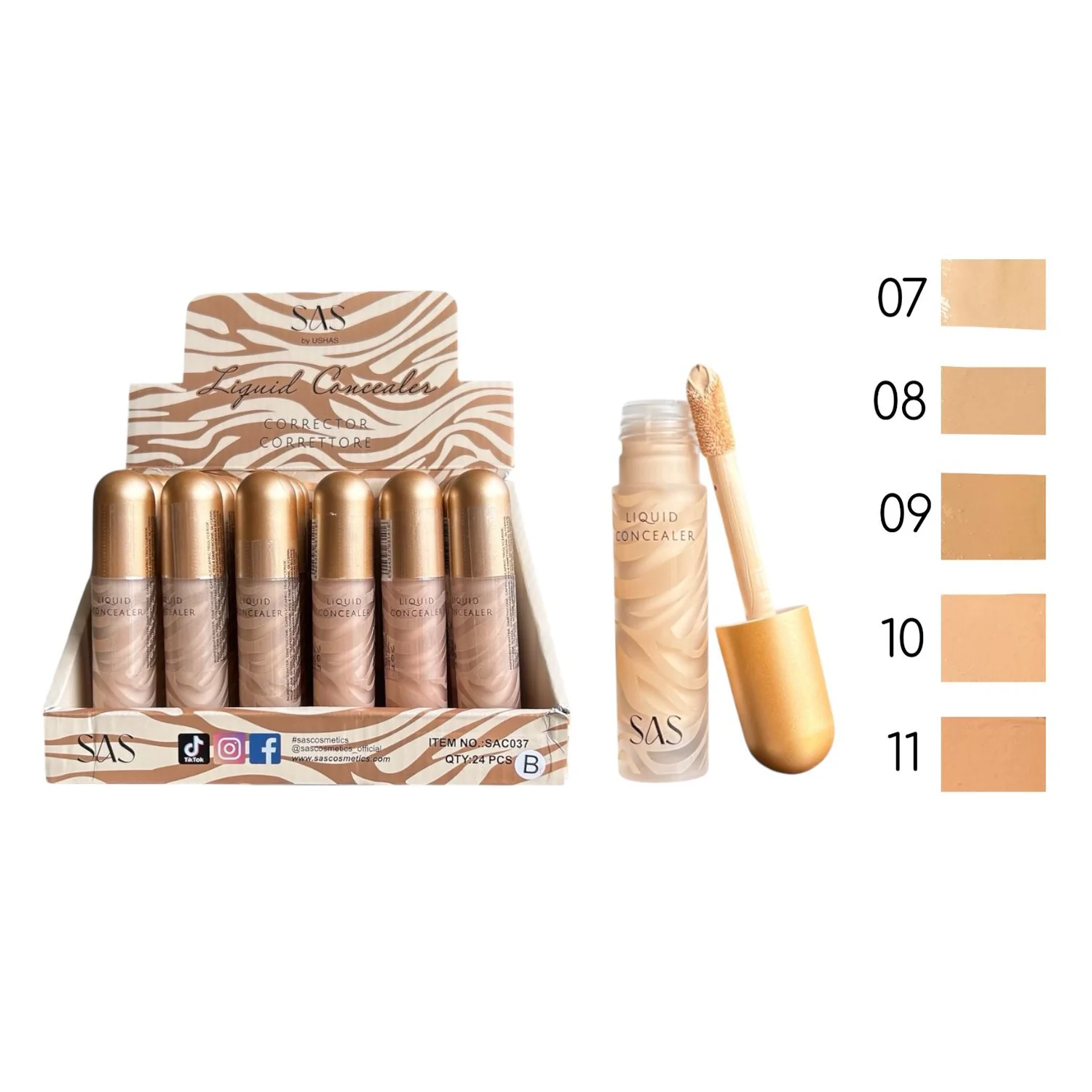 Caja con 6 correctores líquidos SAS en envase dorado y 5 muestras de color con números.
