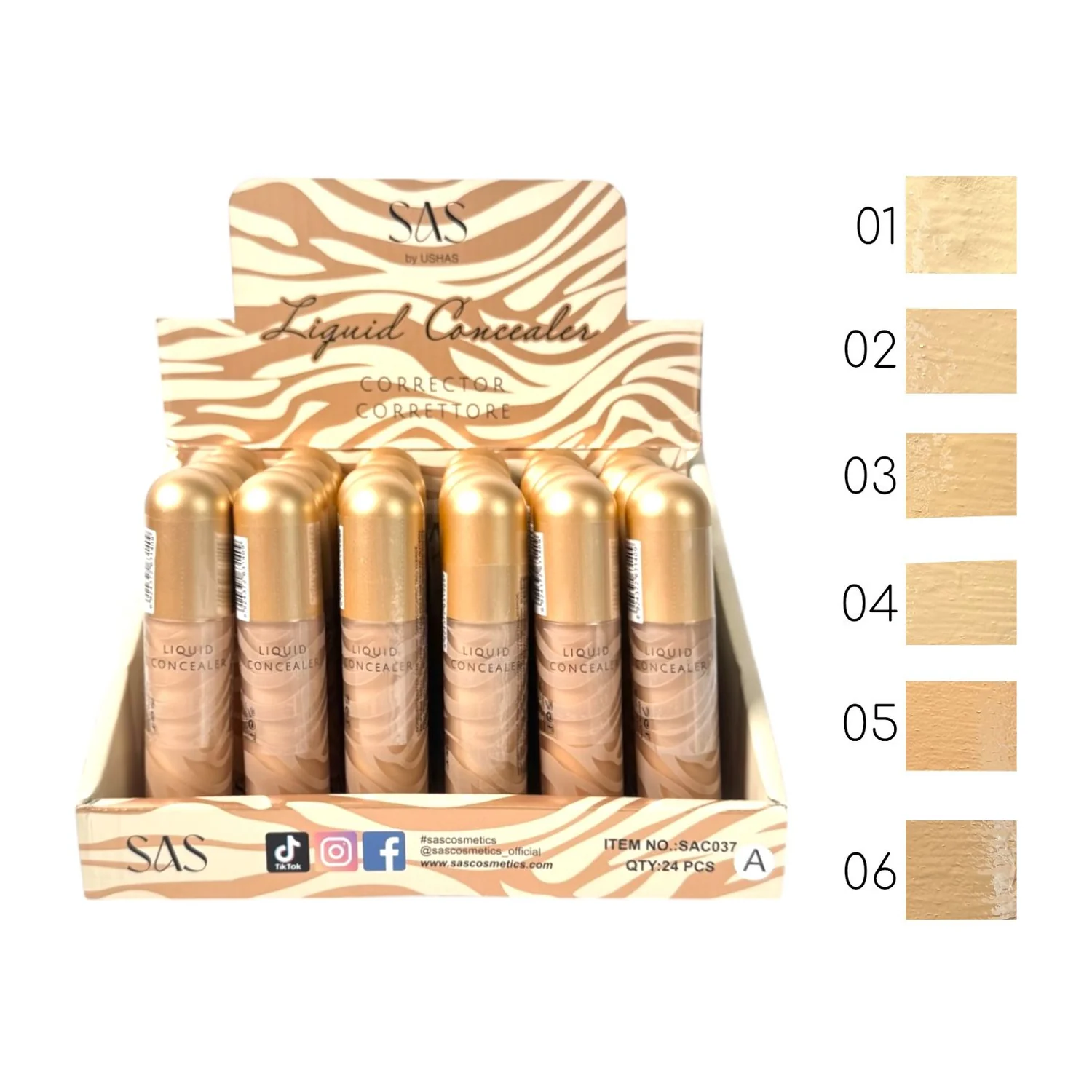 Caja display con 24 correctores líquidos SAS en tonos piel, con muestras de colores 01 a 06 y logo de la marca.
