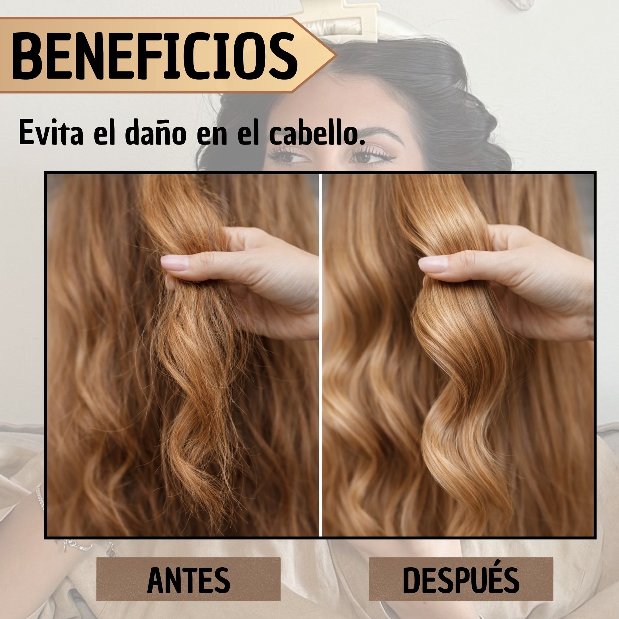 Rizador de cabello satin negro: antes y después, mostrando cabello liso y rizado, sin calor.
