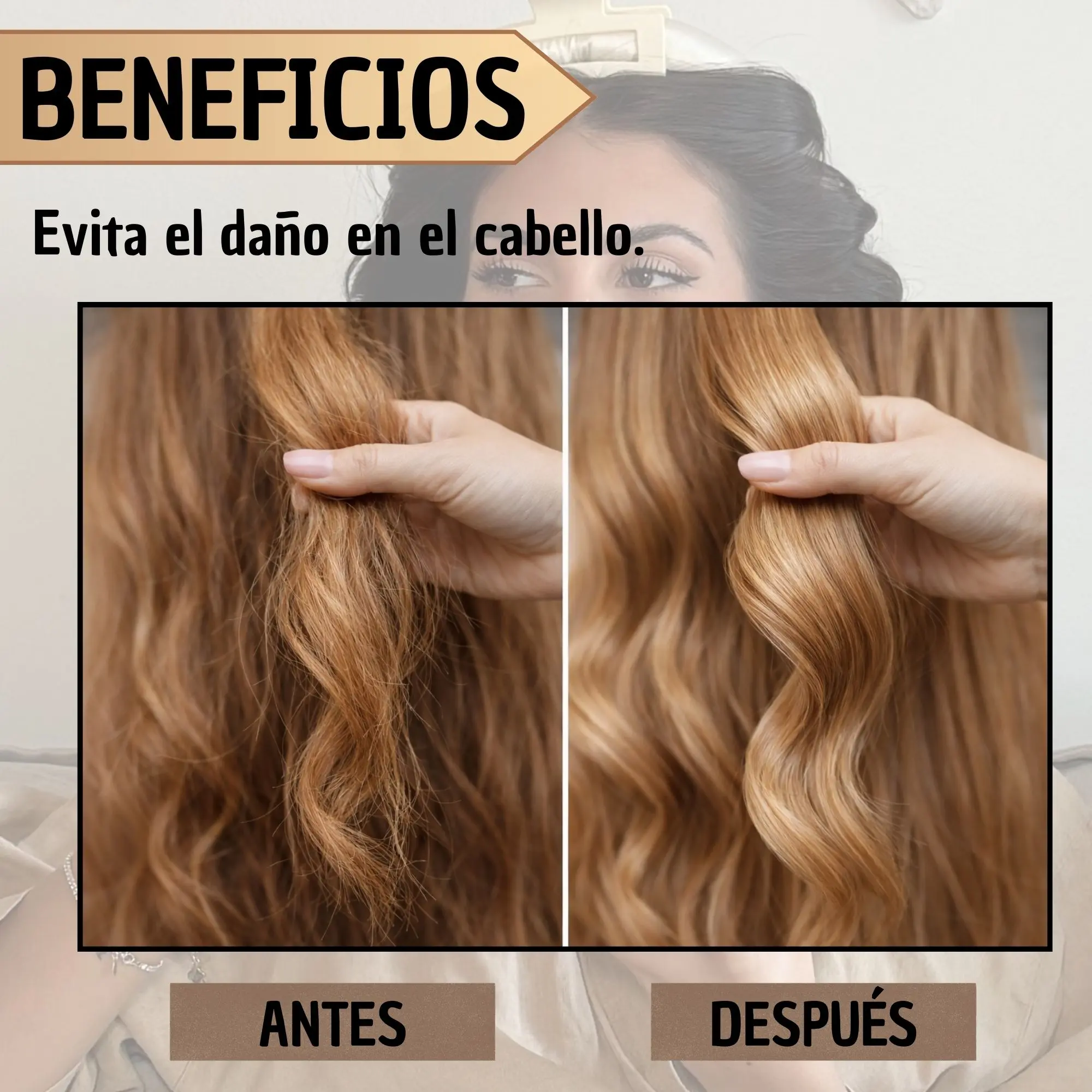 Rizador de cabello satin negro: antes y después, mostrando cabello liso y rizado, sin calor.