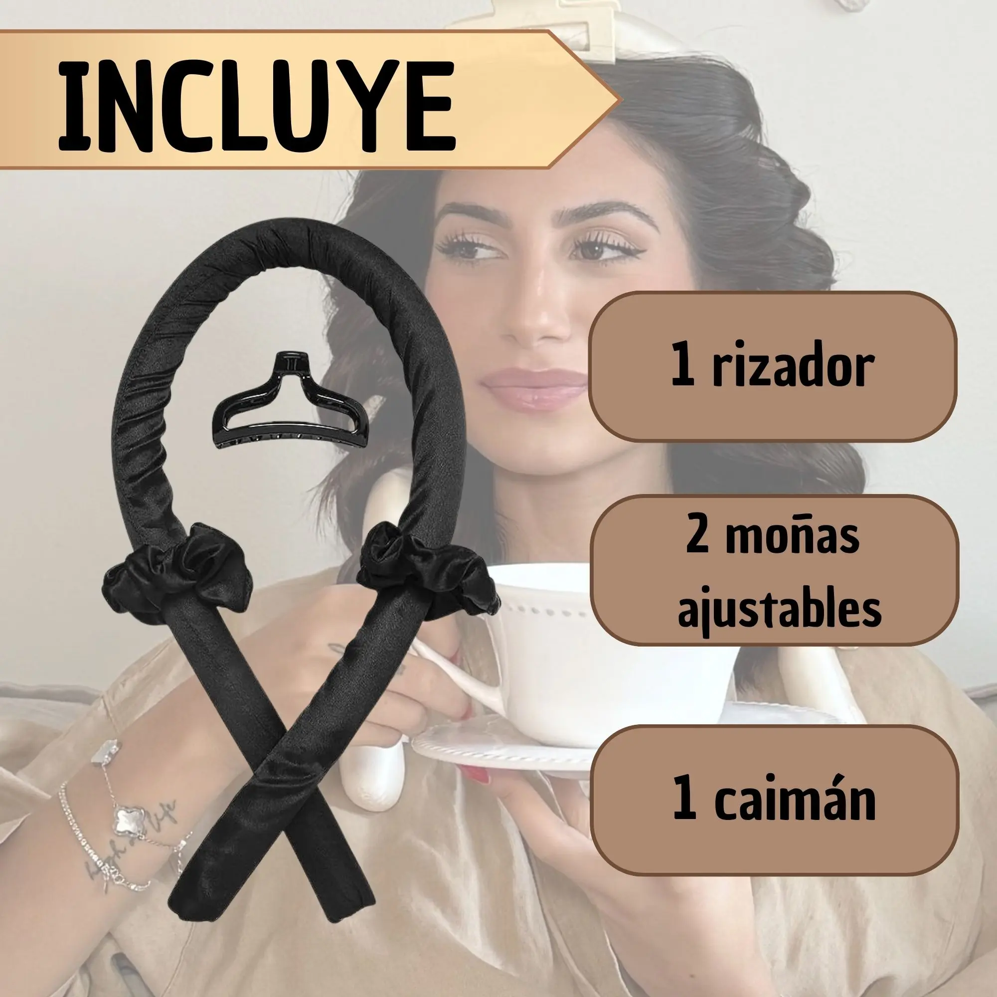 Rizador de cabello satin negro con scrunchies y pinza, para ondas naturales sin calor.