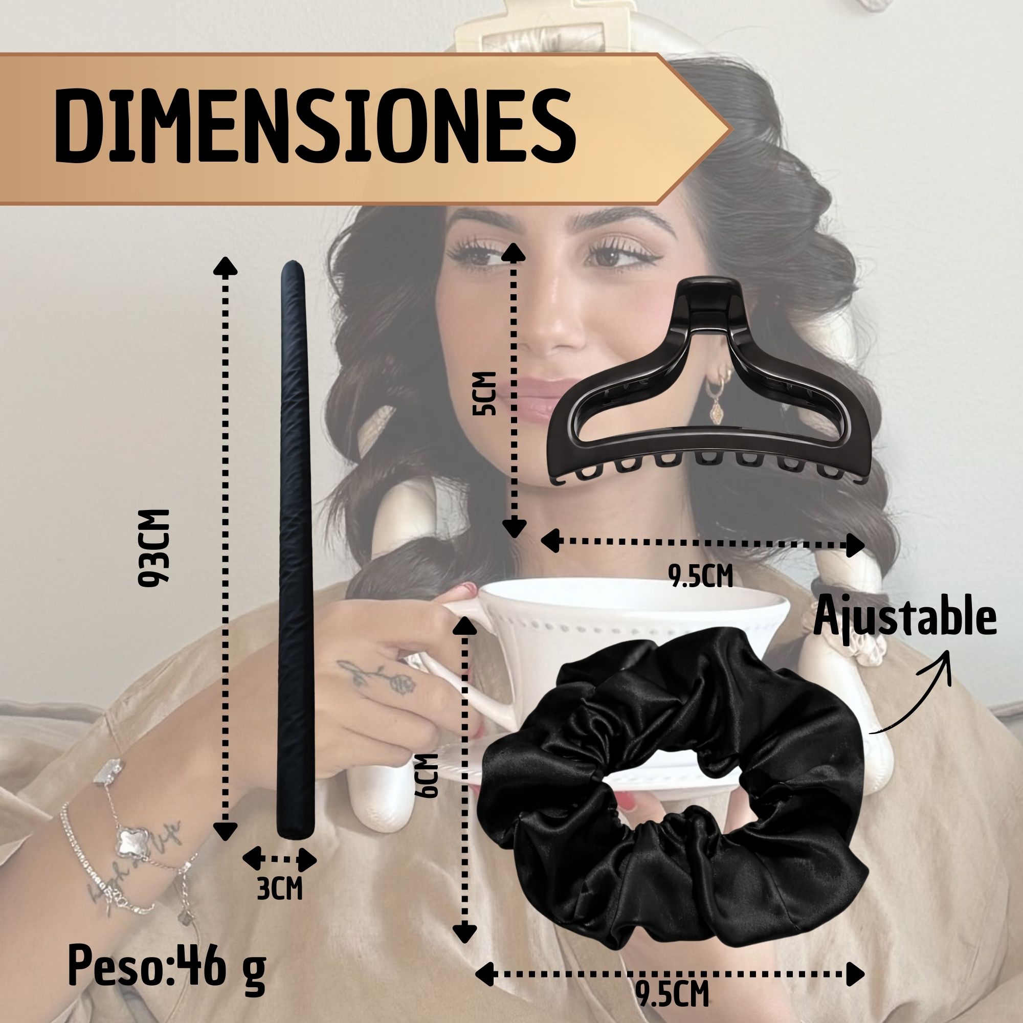 Rizador de cabello satin negro de 93cm, pinza de 5cm y scrunchie de 9.5cm. Peso 46g.