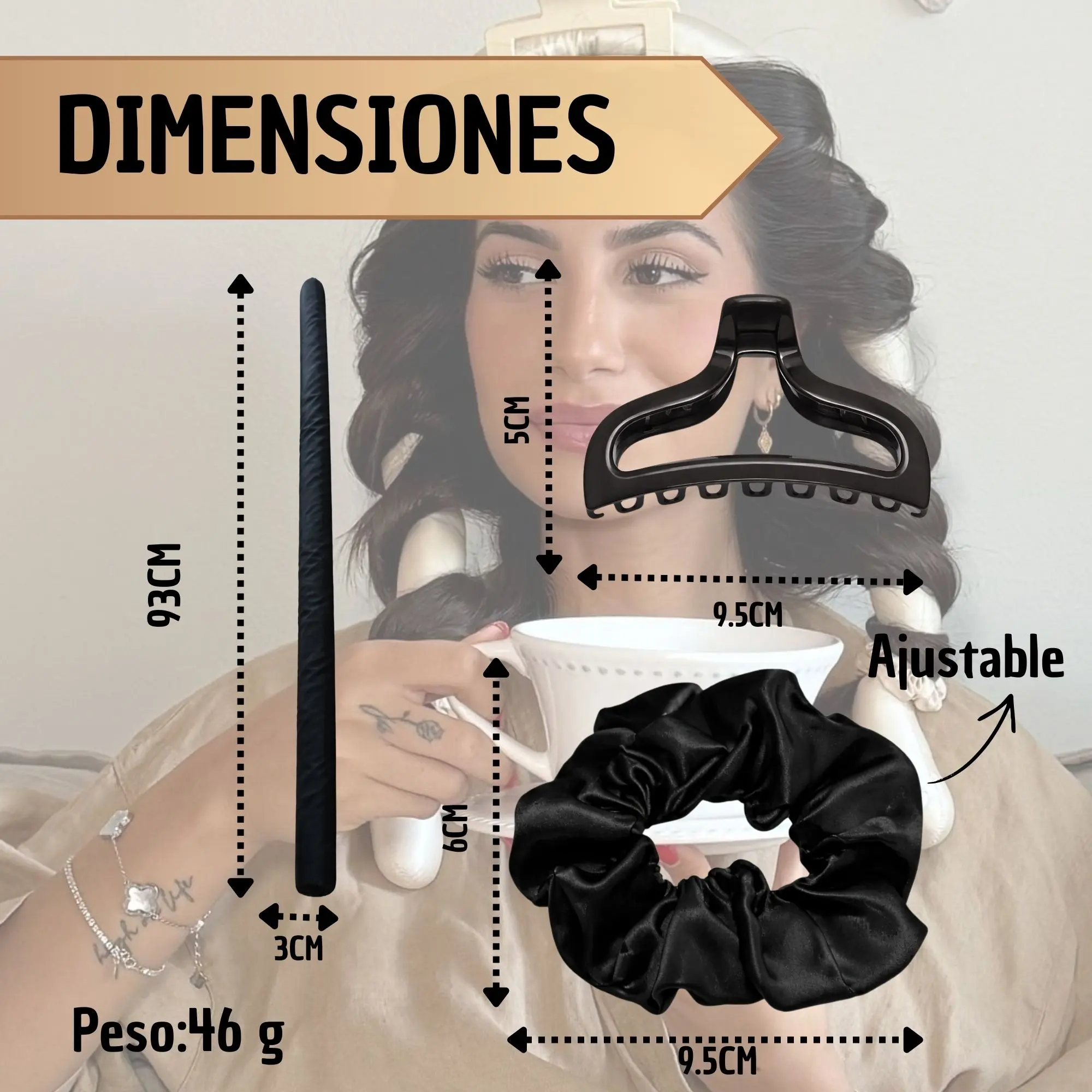 Rizador de cabello satin negro de 93cm, pinza de 5cm y scrunchie de 9.5cm. Peso 46g.