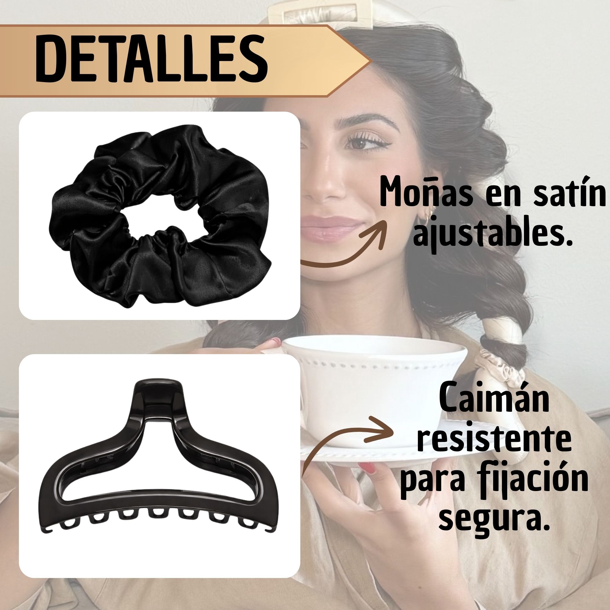Set x2 rizador de cabello satin negro, moñas ajustables y pinza caimán para fijación segura.