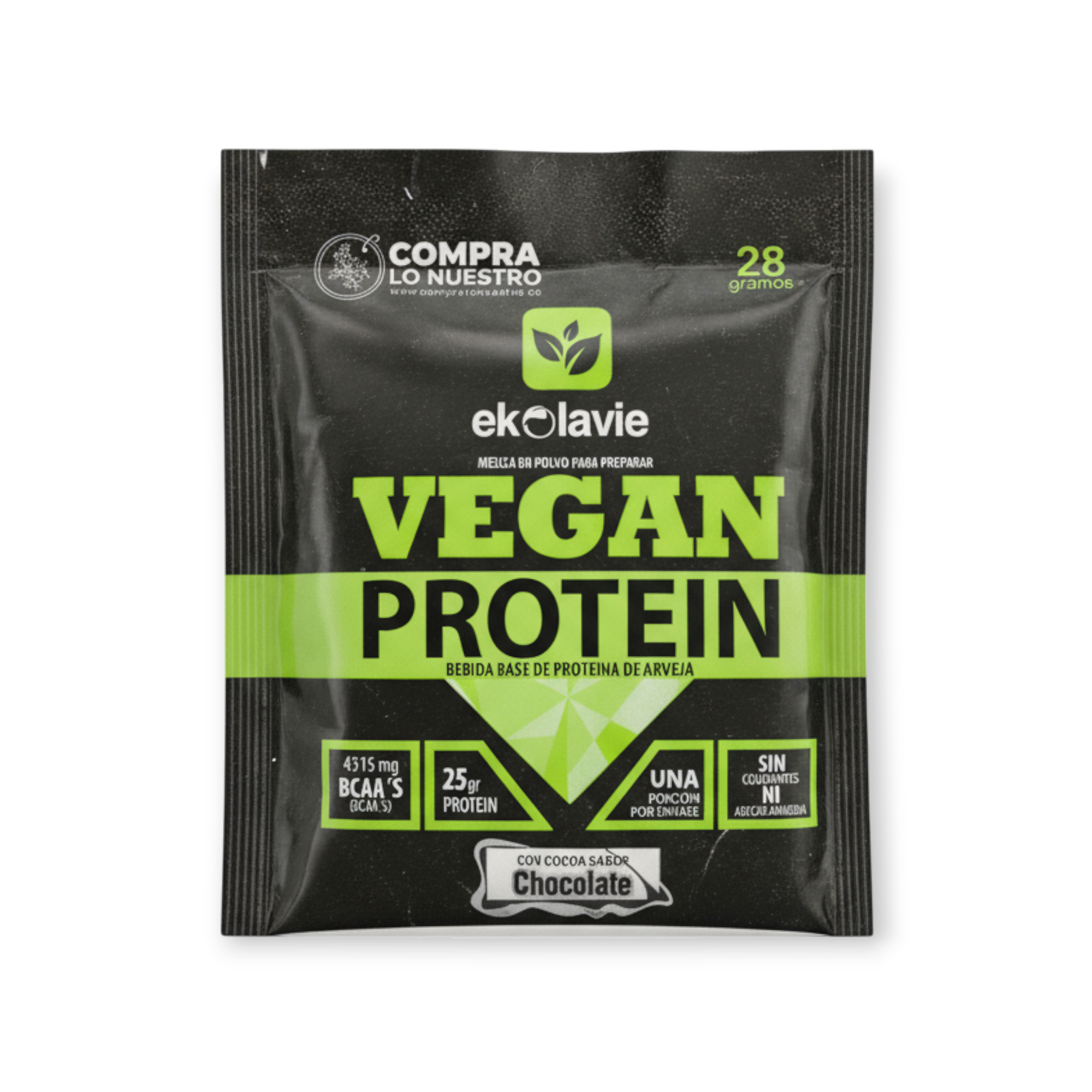 Proteína vegana de arveja en polvo sabor chocolate, 28 gramos, con 25gr de proteína y 4315mg de BCAA's.