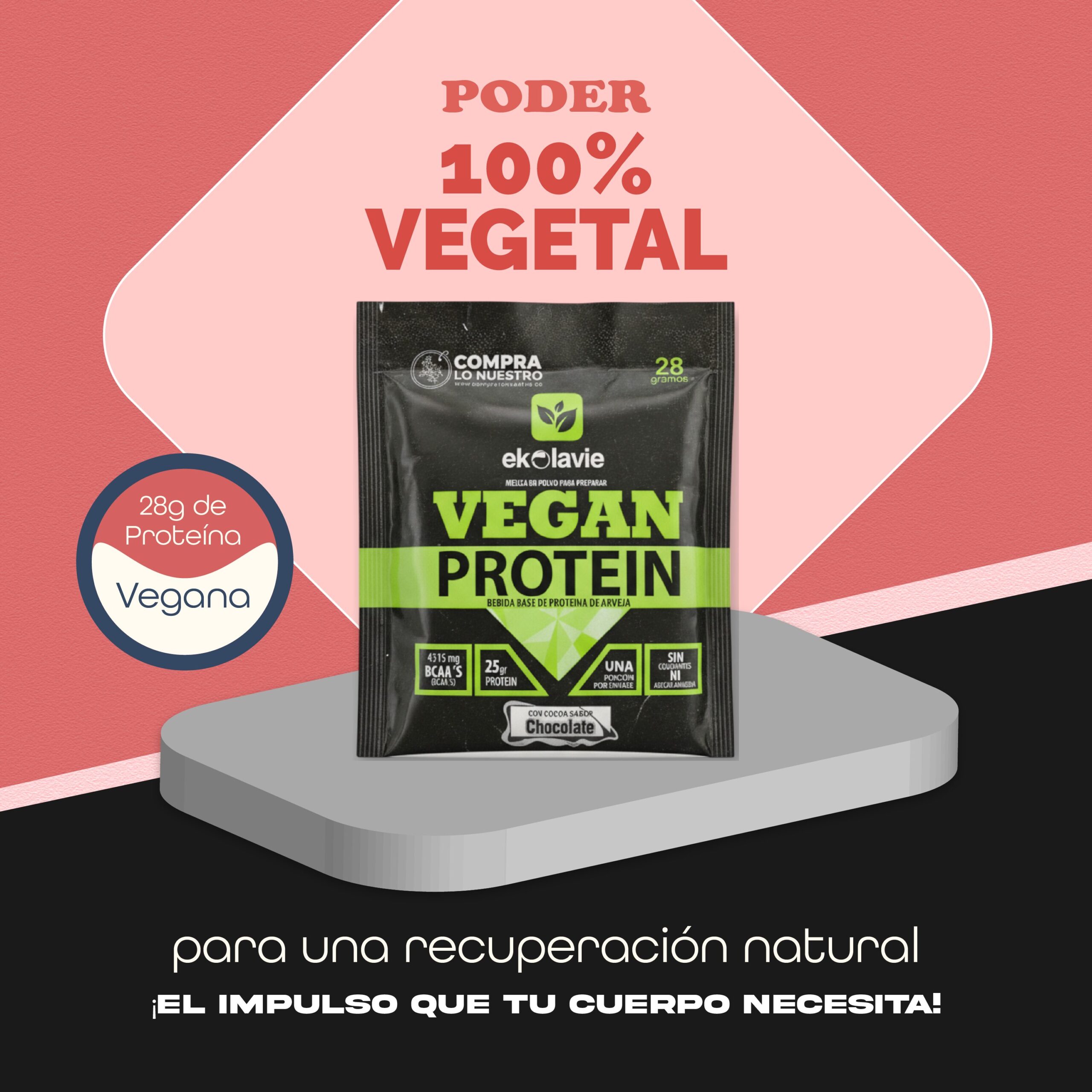 Proteína vegana de arveja Ekolavie sabor chocolate, 28g, 25g de proteína, 4315mg BCAA's, sin azúcares añadidos.