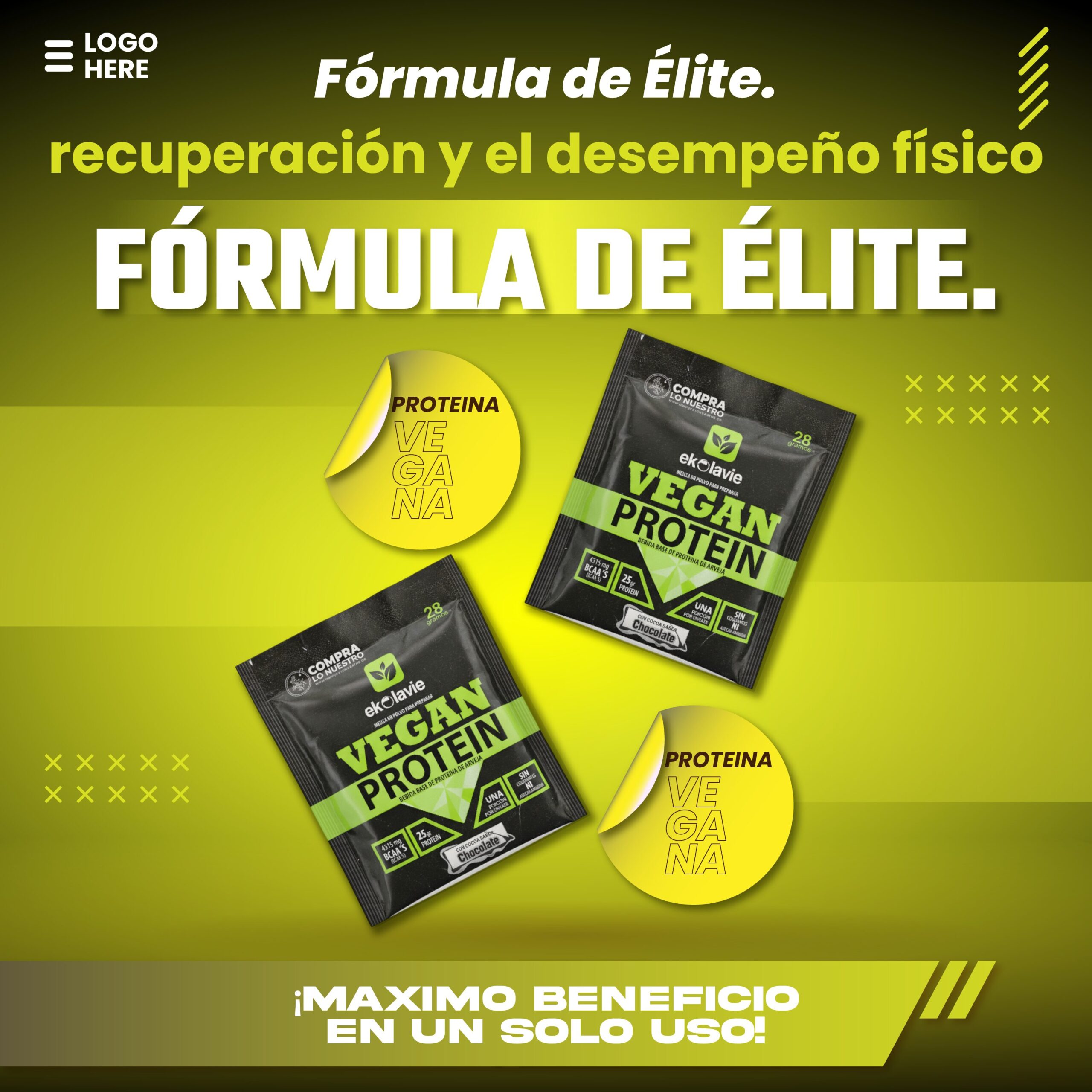 Proteína vegana de arveja en empaque individual sabor chocolate, ideal para recuperación y rendimiento físico.
