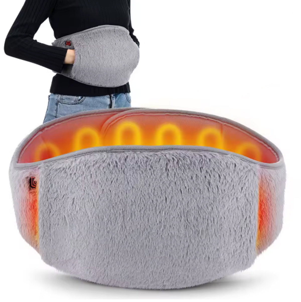 Cinturón calefactor eléctrico gris de felpa con bolsillos para calentar manos y espalda.