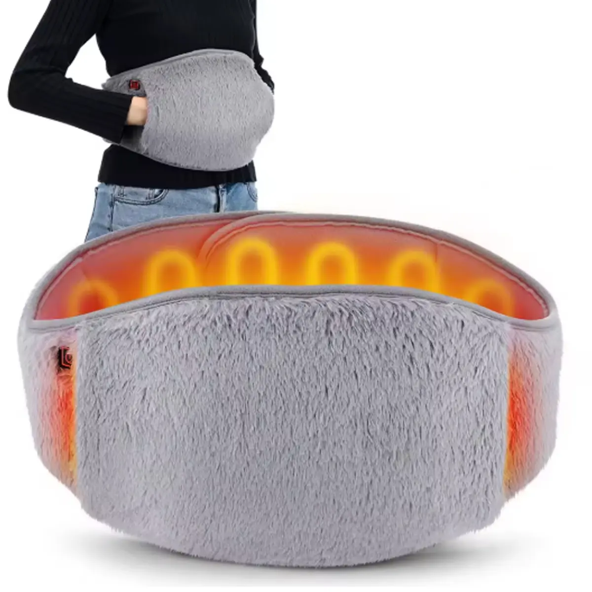 Cinturón calefactor eléctrico gris de felpa con bolsillos para calentar manos y espalda.