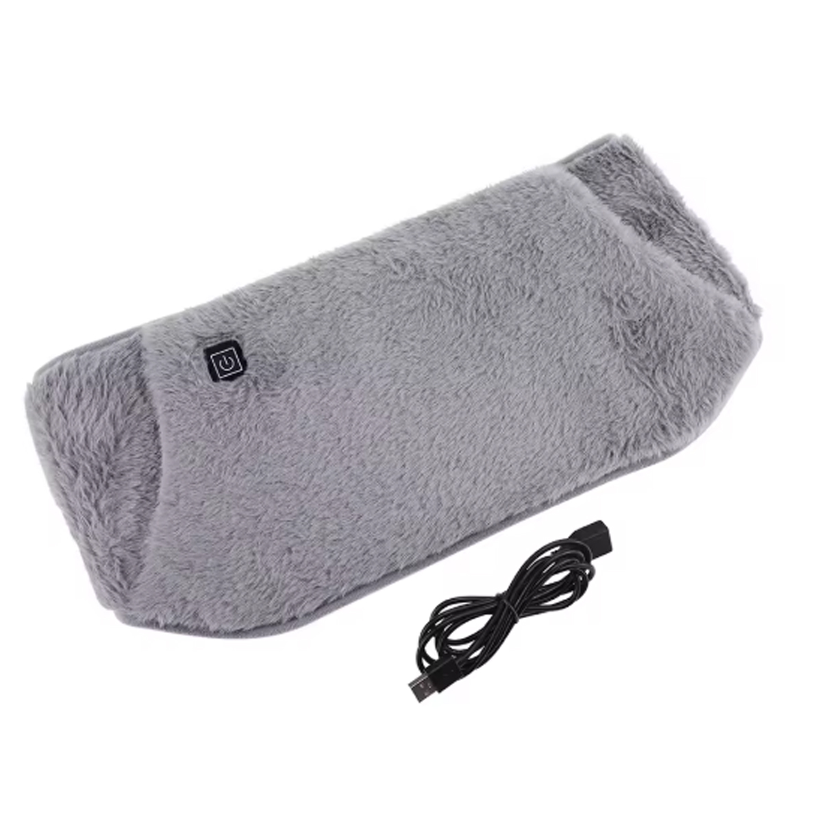 Cinturón calefactor eléctrico gris de felpa con botón de encendido y cable USB, ideal para manos y espalda.