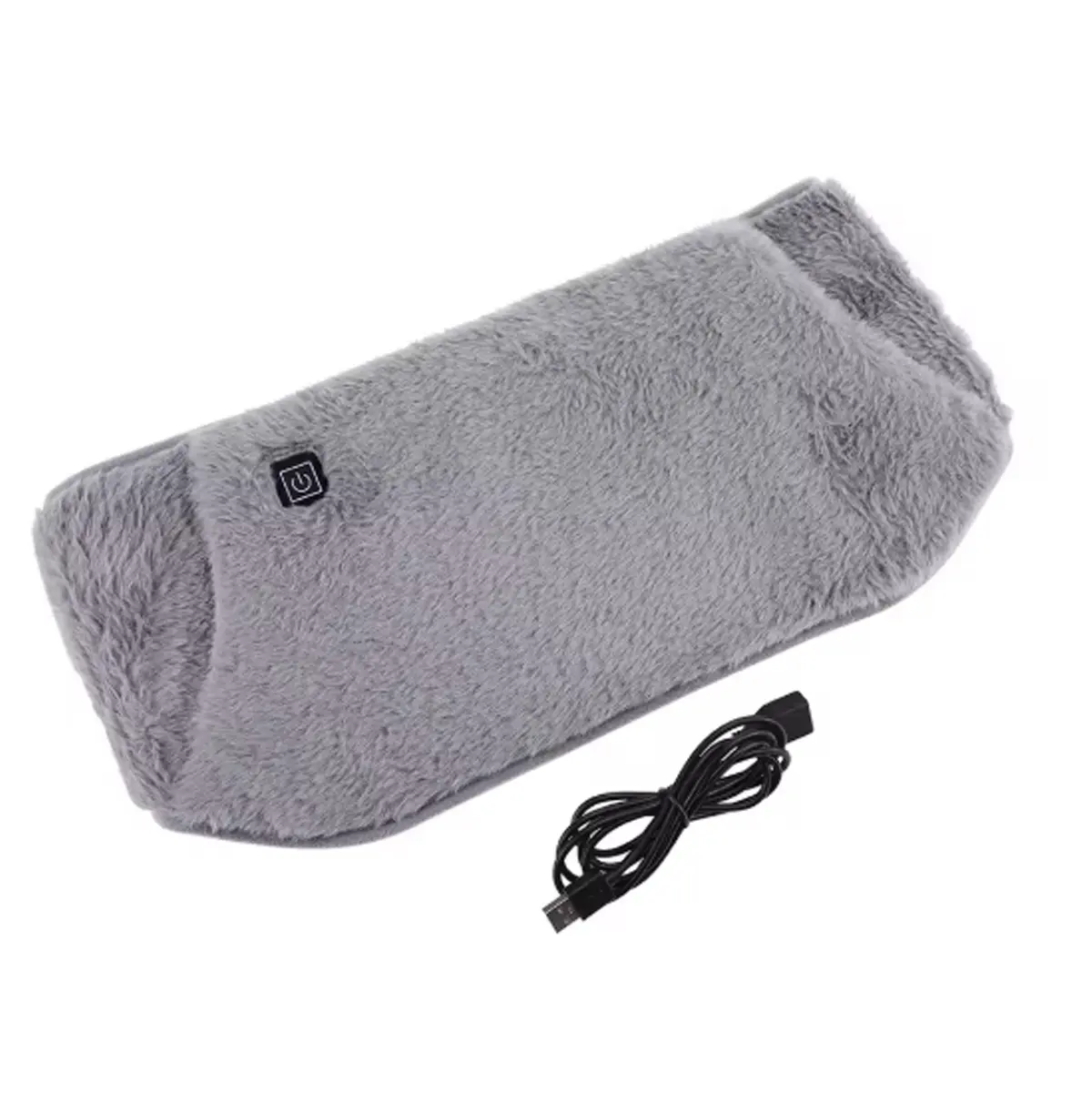 Cinturón calefactor eléctrico gris de felpa con botón de encendido y cable USB, ideal para manos y espalda.