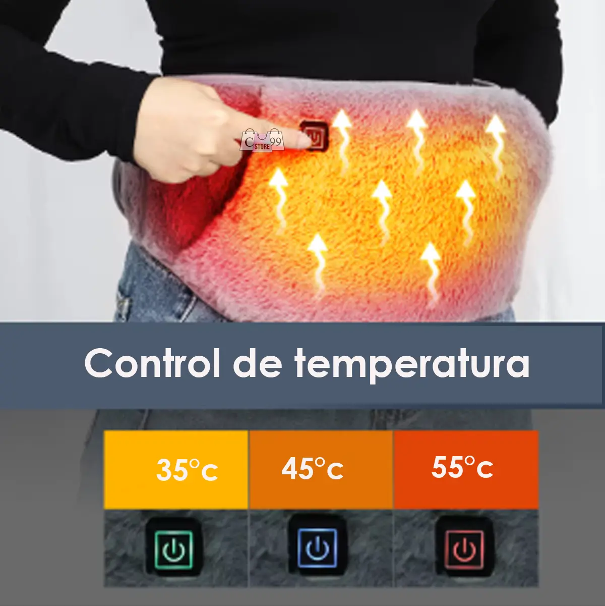 Cinturón calefactor eléctrico rosa con control de temperatura y tres niveles: 35°C, 45°C y 55°C.