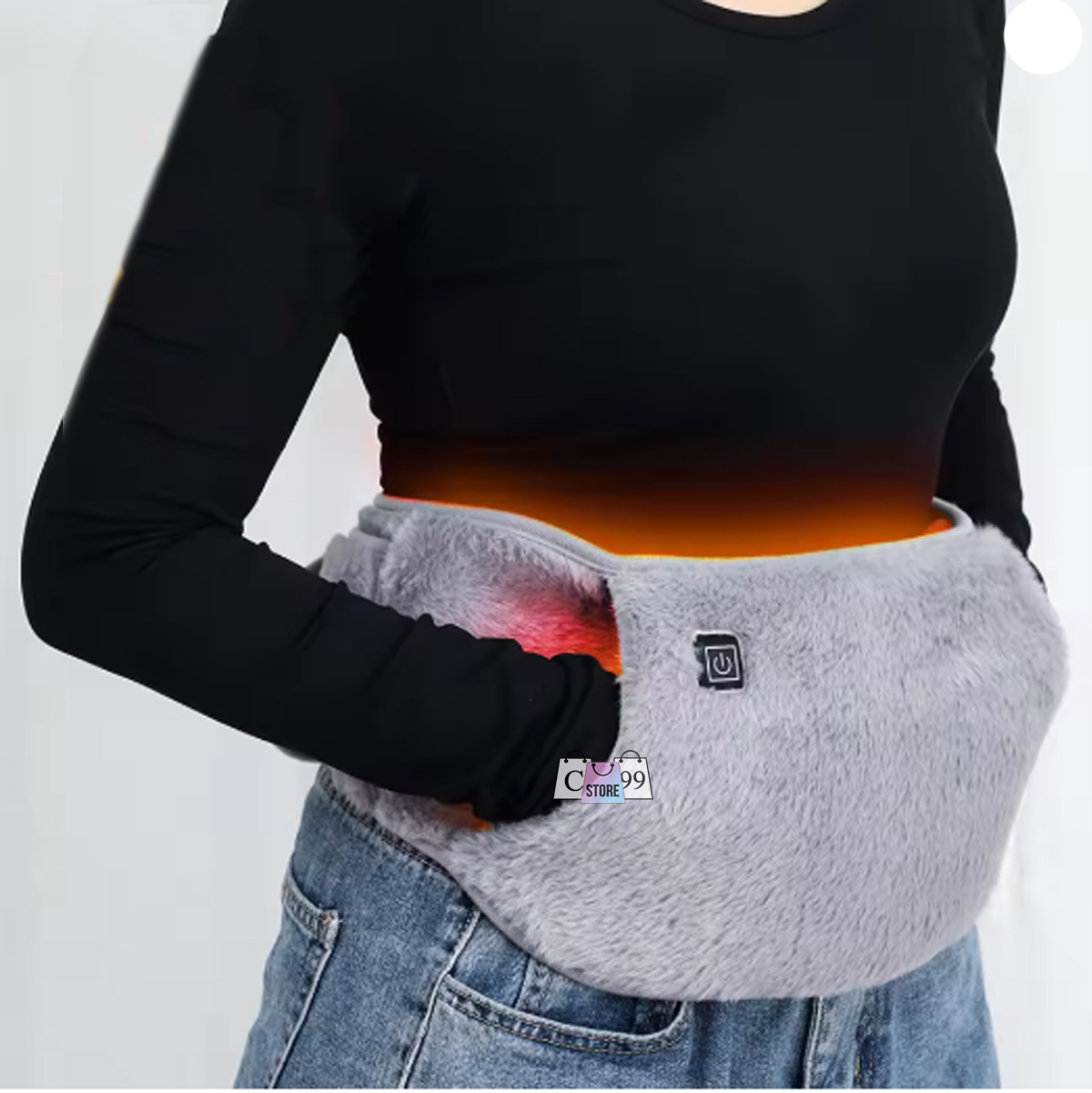 Cinturón calefactor eléctrico gris de felpa con bolsillos para manos y espalda, ideal para aliviar el frío.