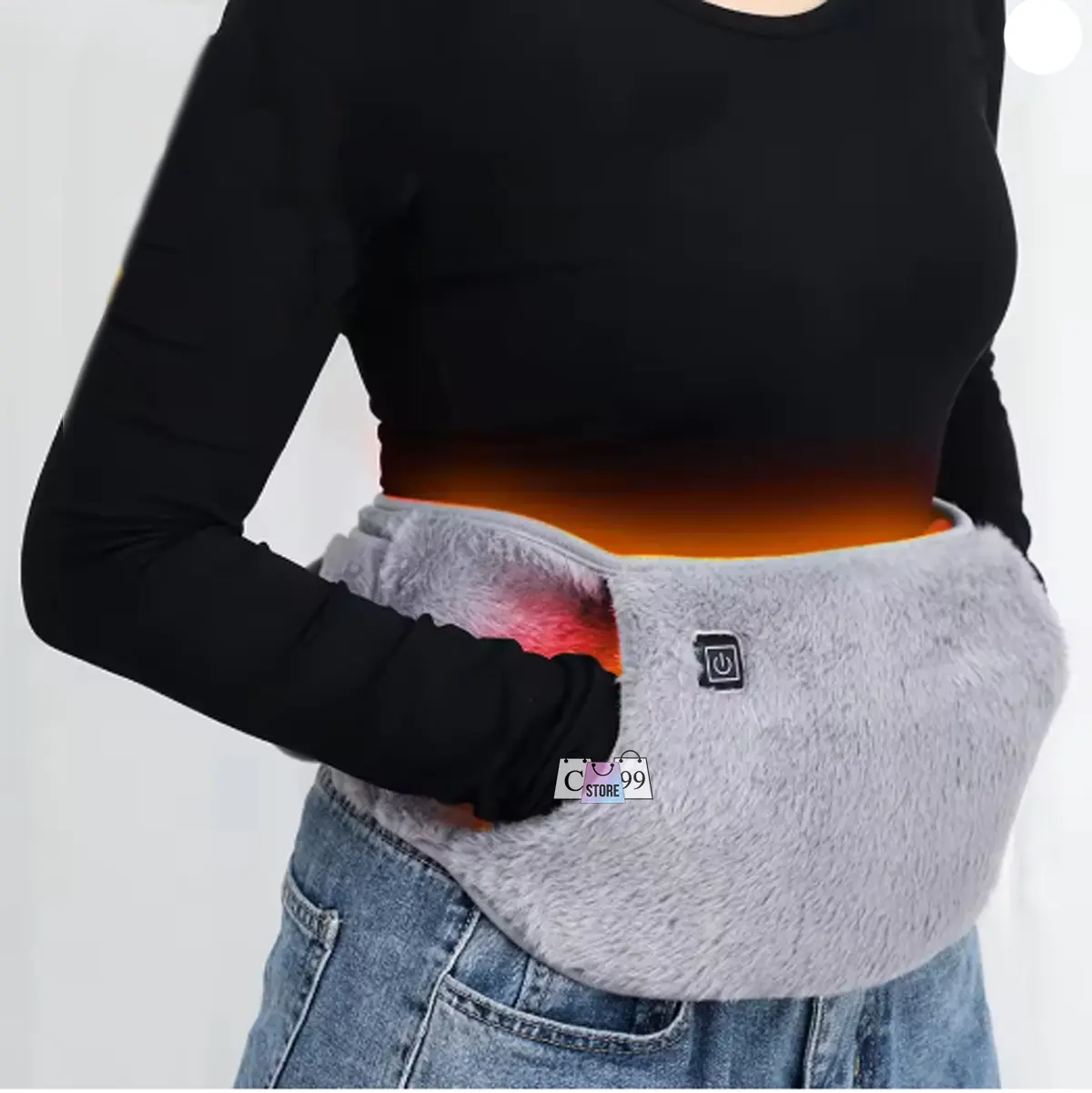 Cinturón calefactor eléctrico gris de felpa con bolsillos para manos y espalda, ideal para aliviar el frío.