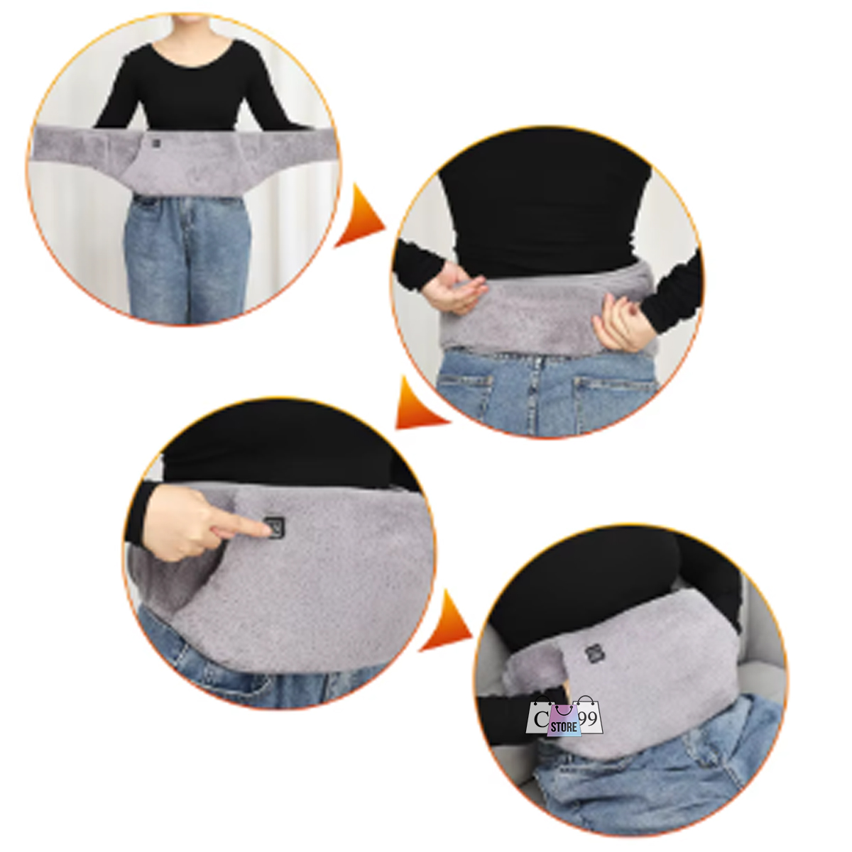 Cinturón calefactor eléctrico gris con bolsillos para calentar manos y espalda, ajustable.