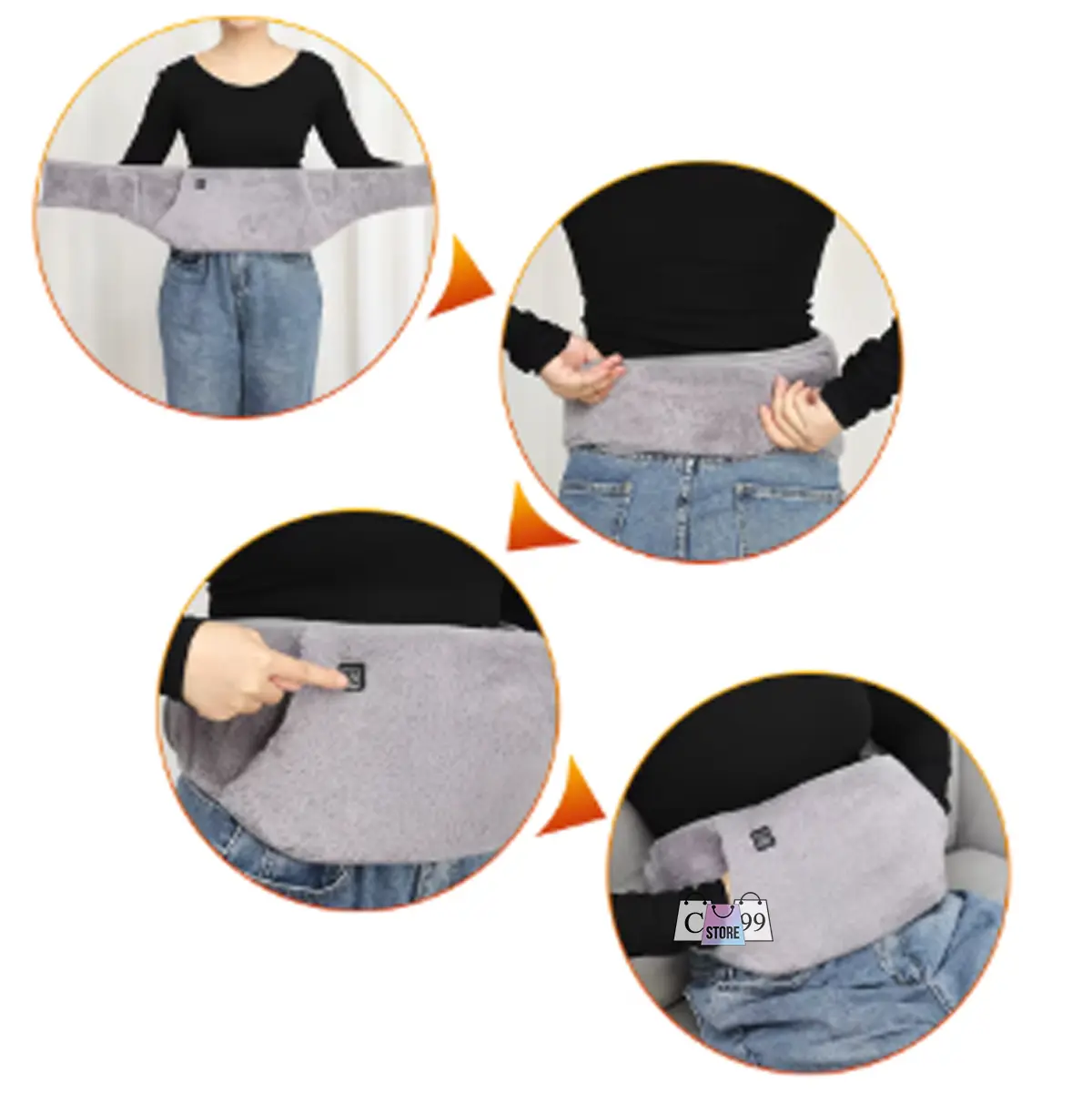 Cinturón calefactor eléctrico gris con bolsillos para calentar manos y espalda, ajustable.
