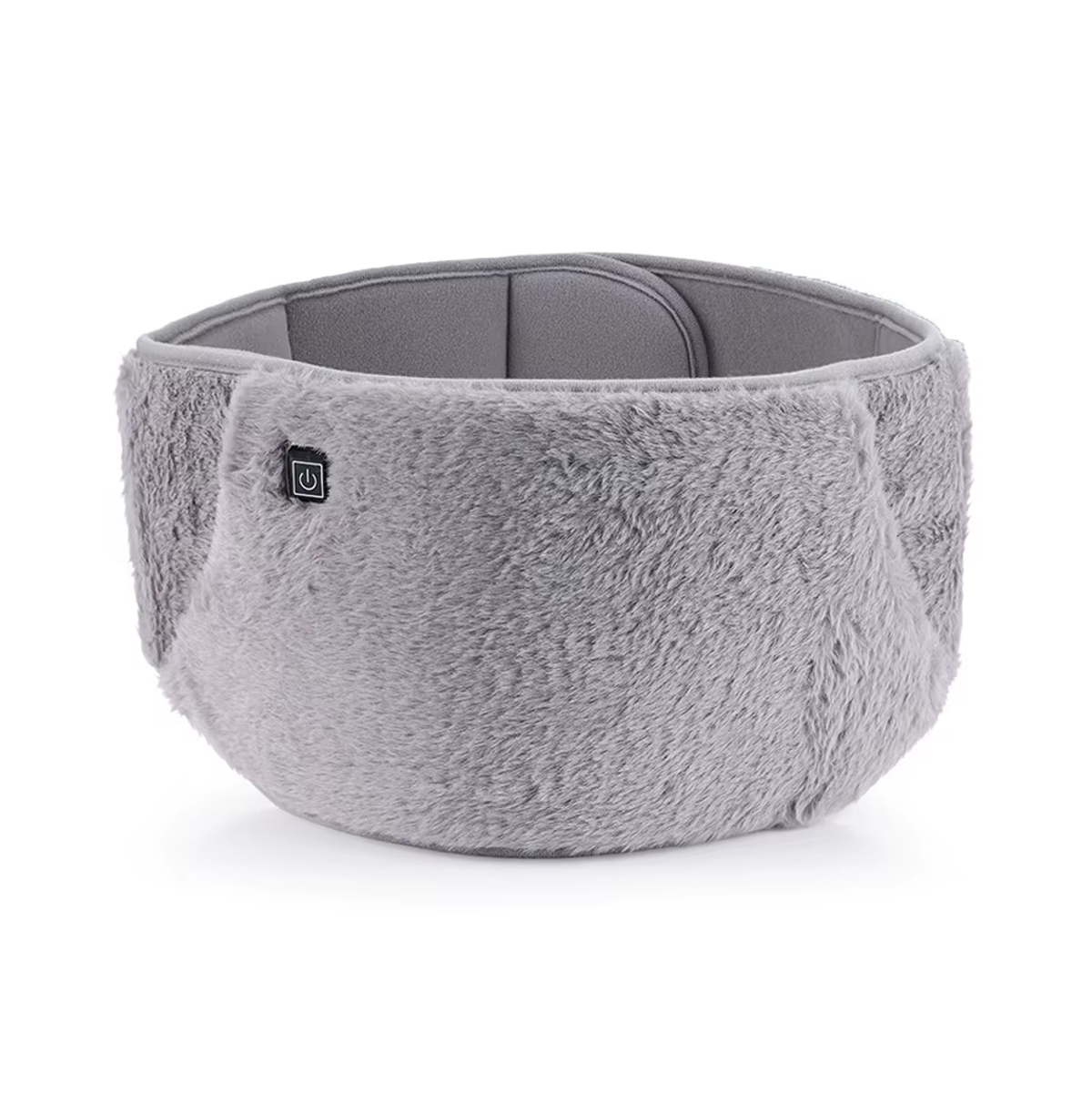 Cinturón calefactor eléctrico gris con textura suave, ideal para aliviar dolor de espalda y manos.
