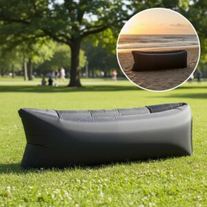Sofá inflable portátil negro de nylon ripstop, ideal para exteriores y playa.