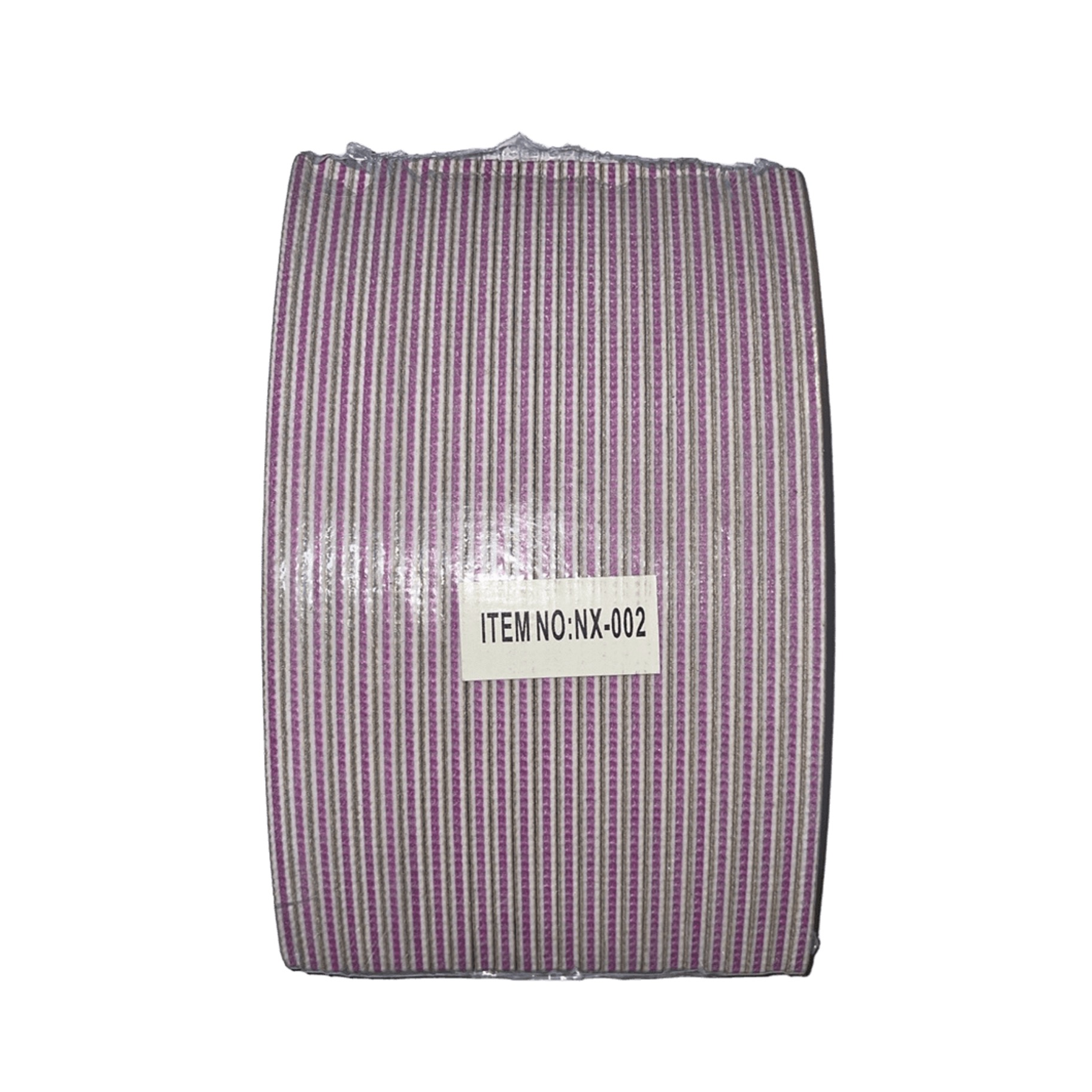 Lima para uñas medialuna, morada y gris rayada, con etiqueta "ITEM NO:NX-002".