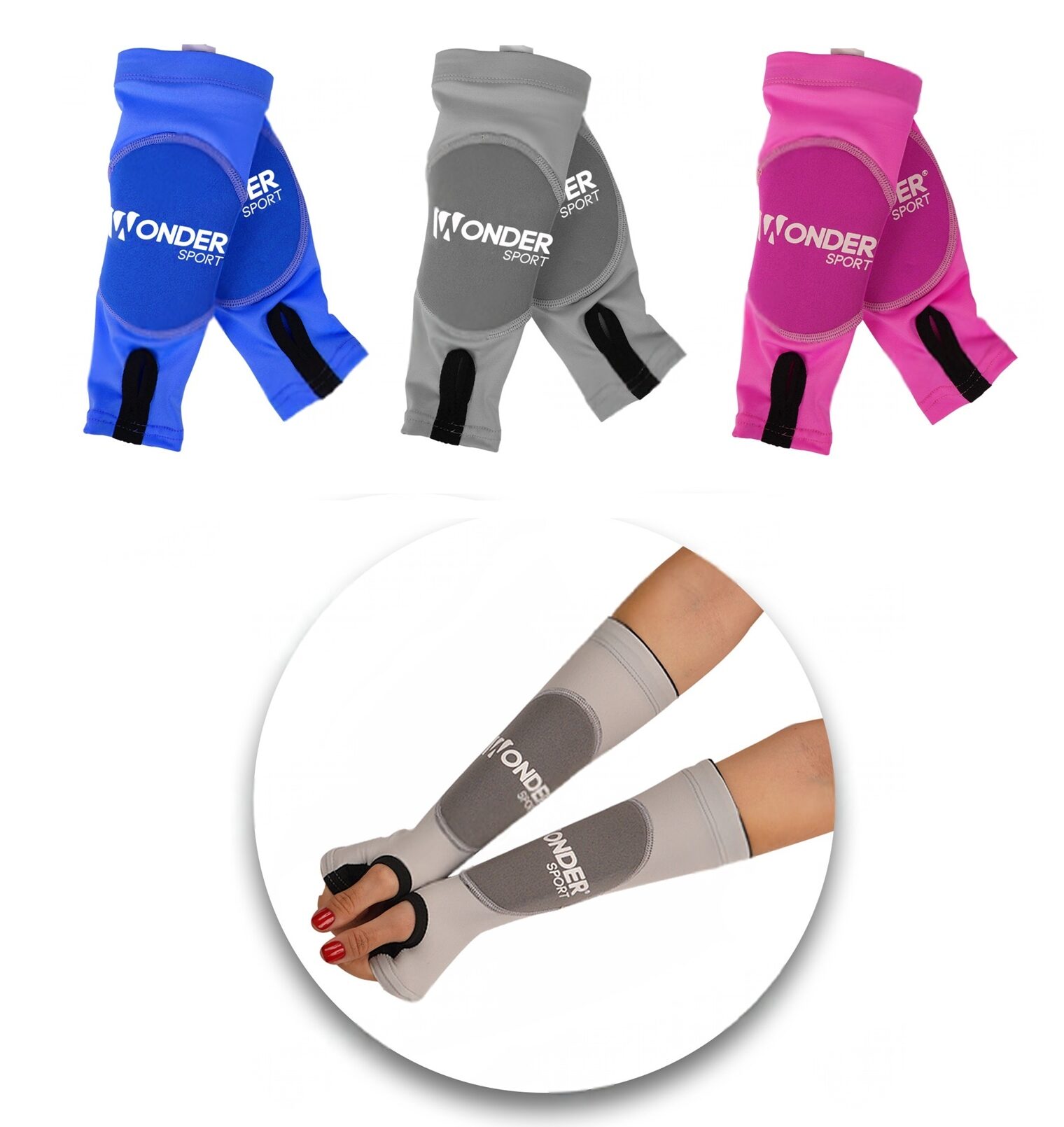 Mangas de voleibol Wonder ajustables en azul, gris y rosa, con protección en codo y antebrazos.