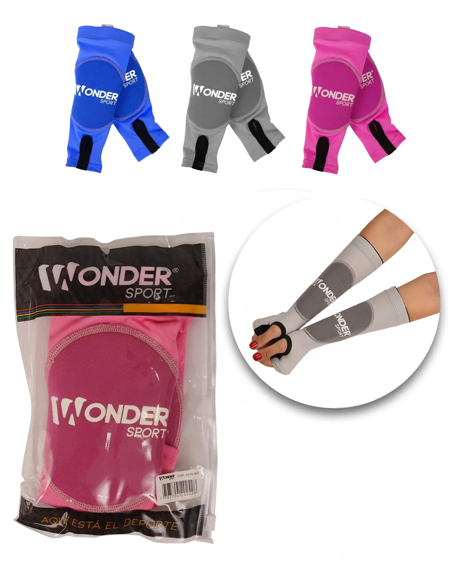Mangas de voleibol profesionales Wonder en rosa, azul y gris, con acolchado protector y ajuste.