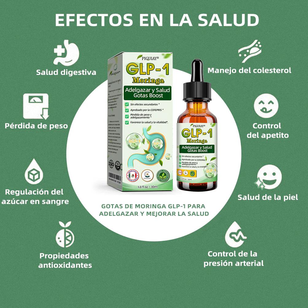 Piguiay GLP-1 Gotas Adelgazantes Naturales: Mejora salud digestiva, peso, colesterol, apetito, piel y presión arterial.