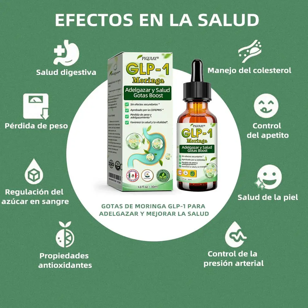 Piguiay GLP-1 Gotas Adelgazantes Naturales: Mejora salud digestiva, peso, colesterol, apetito, piel y presión arterial.