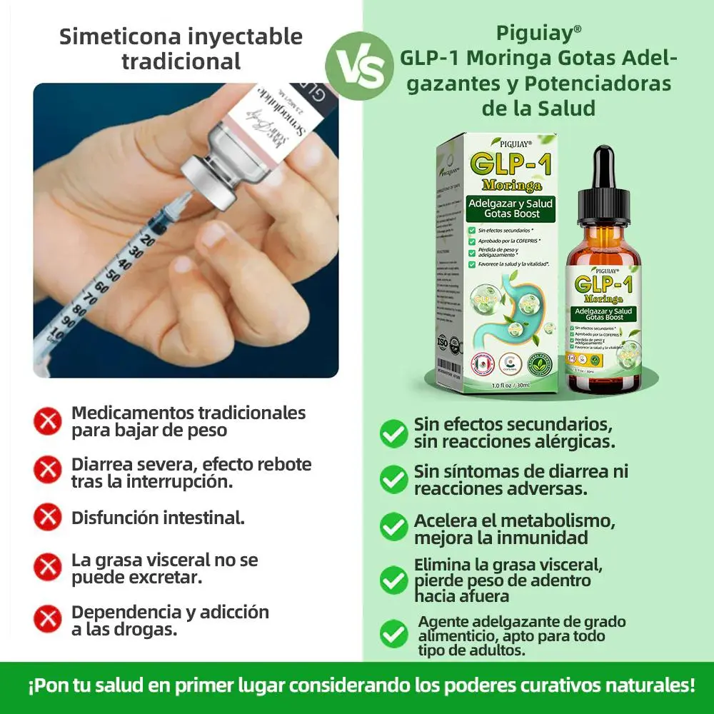 Comparativa: Simeticona inyectable tradicional vs. Piguiay GLP-1 Moringa gotas adelgazantes.