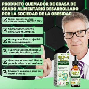 Hombre con gafas sonríe junto a caja y frasco de Piguiay GLP-1 Moringa, gotas para adelgazar y salud.
