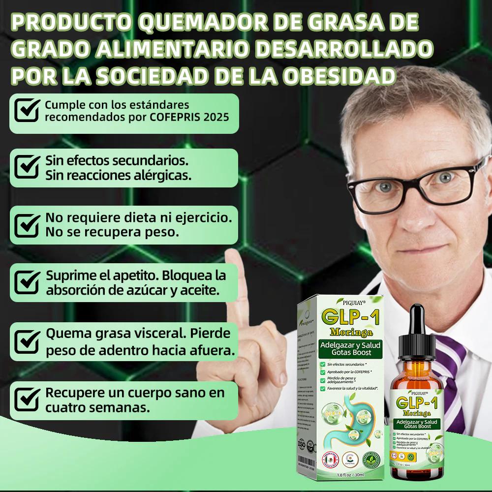 Hombre con gafas sonríe junto a caja y frasco de Piguiay GLP-1 Moringa, gotas para adelgazar y salud.