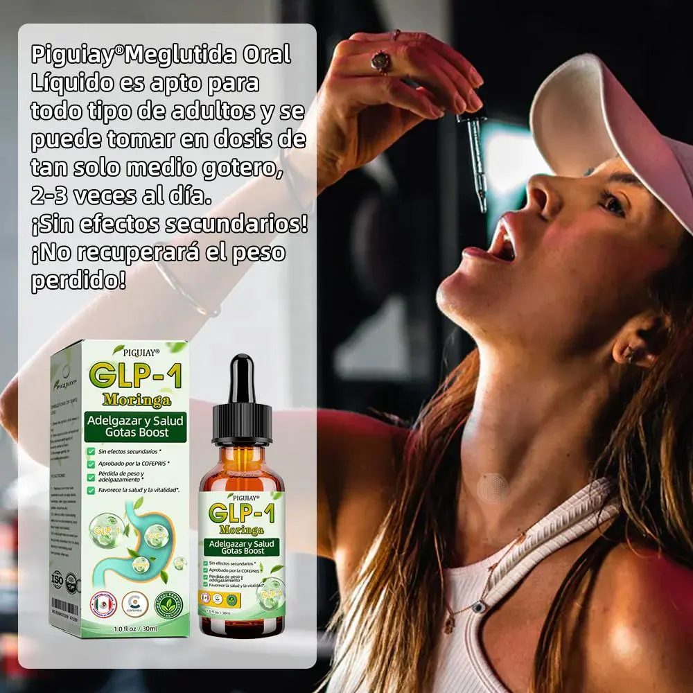 Gotas Piguiay GLP-1 Moringa para adelgazar y salud, 30ml, con mujer aplicándolas.