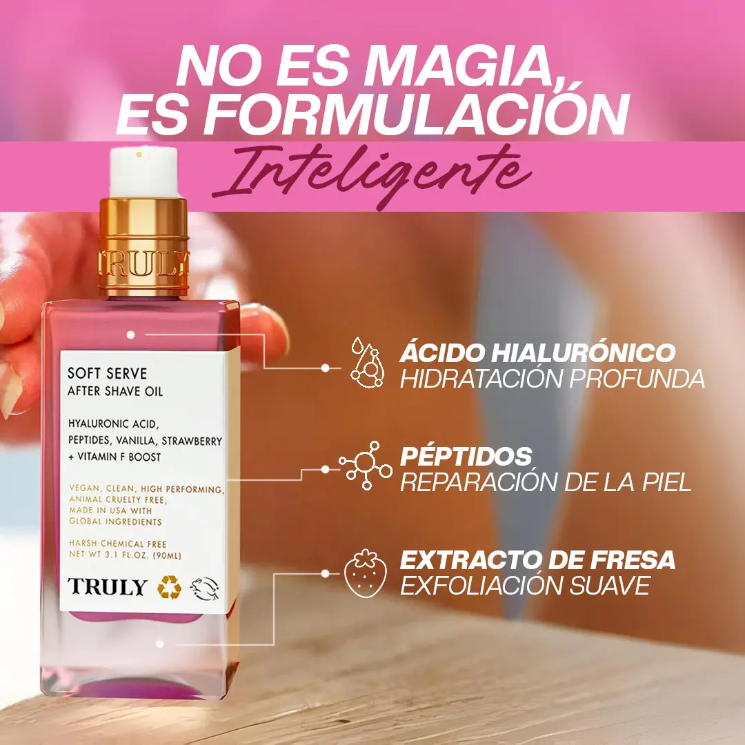 Aceite para después del afeitado Truly "Soft Serve" 90ml, presentación rosada, con ingredientes como ácido hialurónico y péptidos.