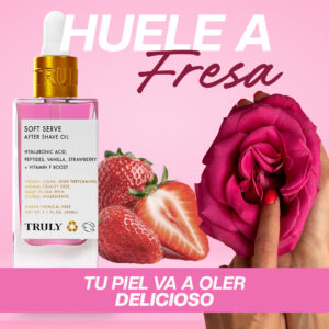 Aceite para después del afeitado Truly Soft Serve con fresa y rosa. Contenido neto 90ml.