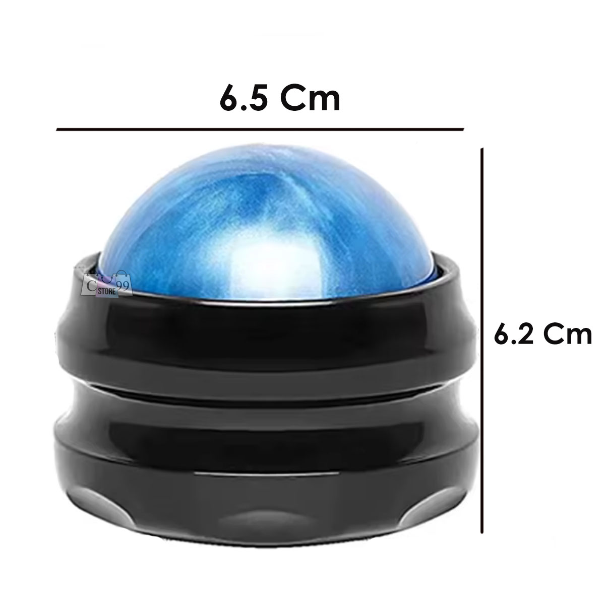 Masajeador roller terapéutico azul metálico y negro, 6.5 x 6.2 cm, ideal para aliviar tensión muscular.