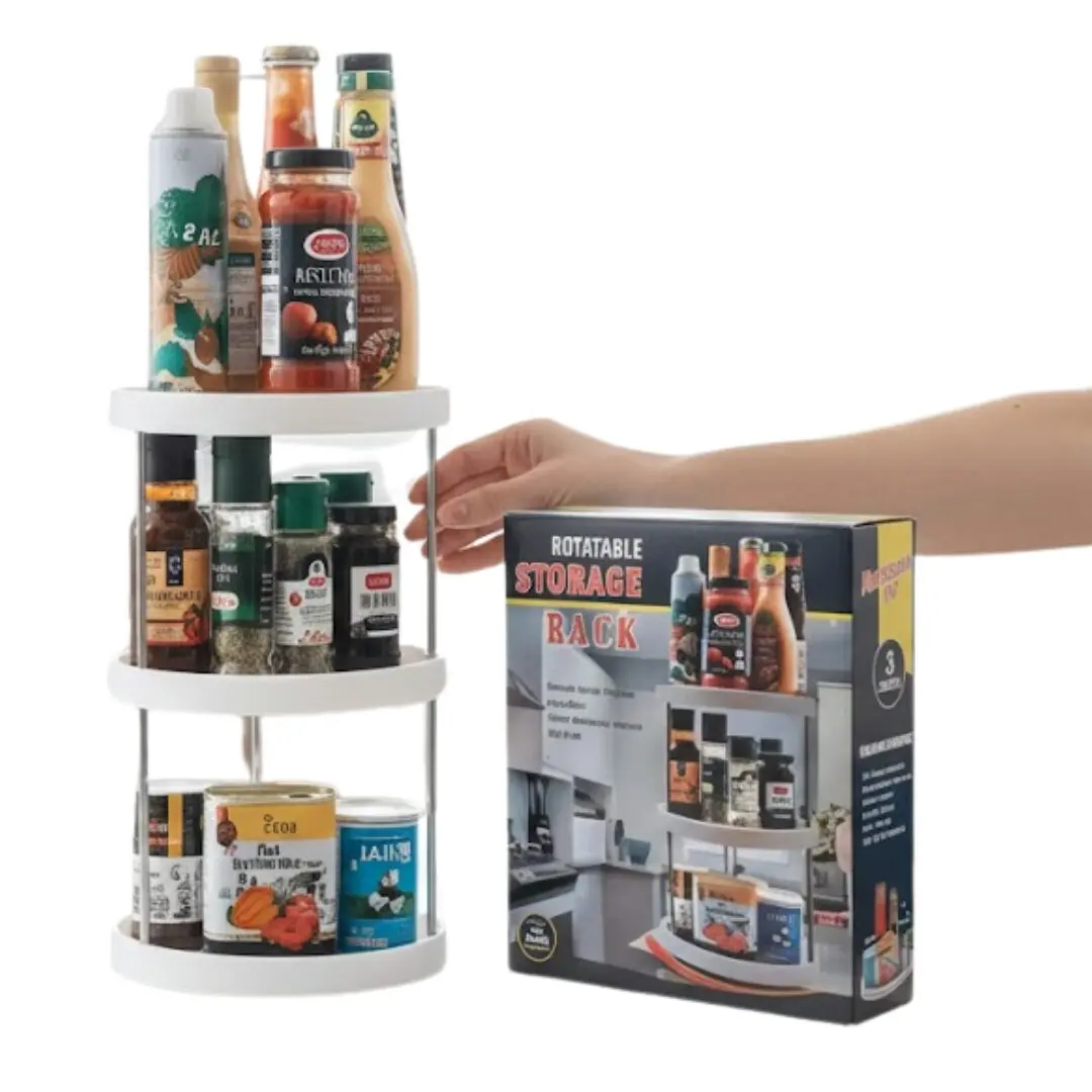 Organizador giratorio blanco de 3 niveles lleno de especias y salsas, junto a su caja de empaque.