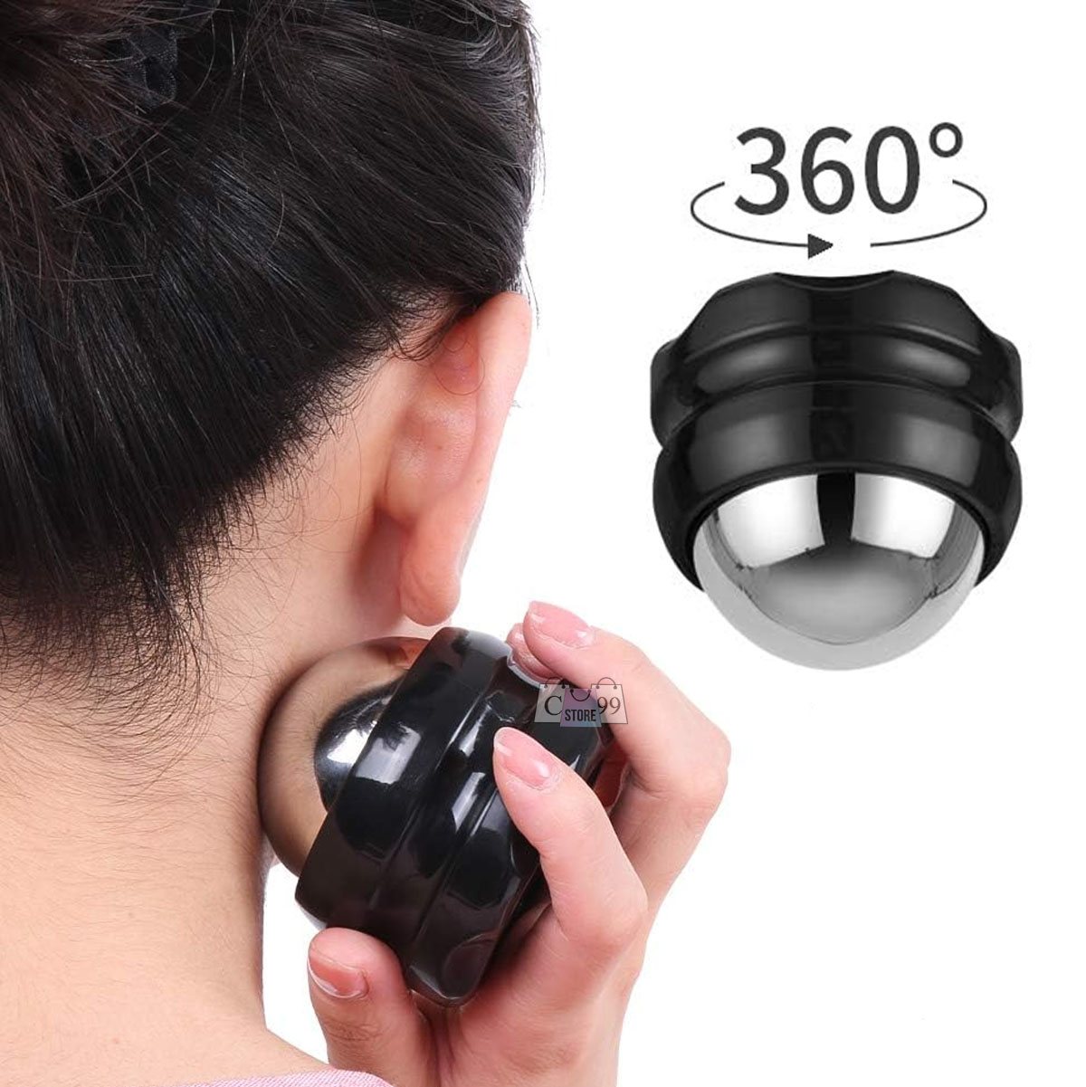 Roller terapéutico negro con esfera metálica plateada, ideal para masajear cuello y aliviar tensión.