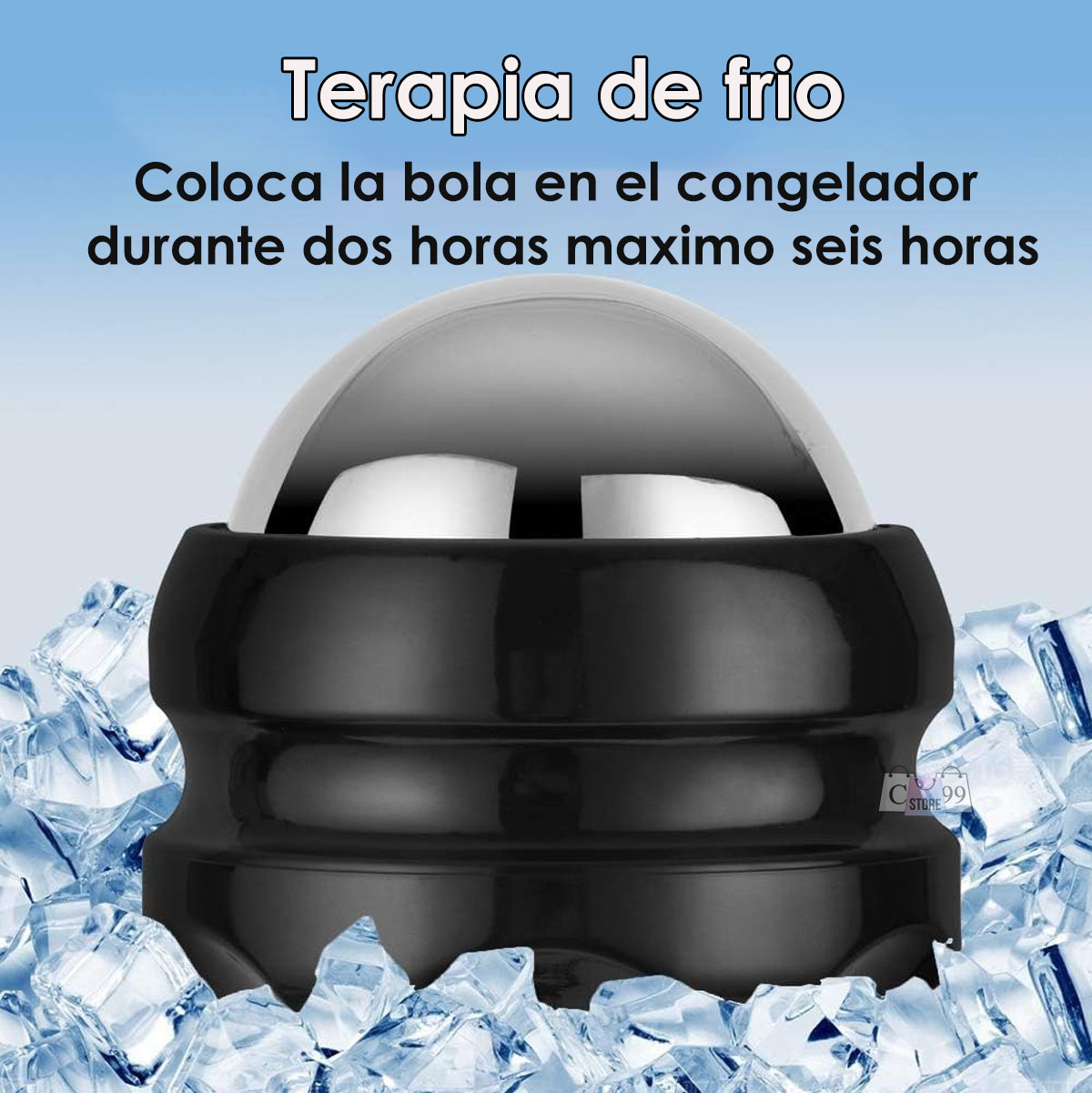 Roller terapéutico Ball Pro negro con bola metálica, rodeado de hielo, ideal para terapia de frío y alivio muscular.
