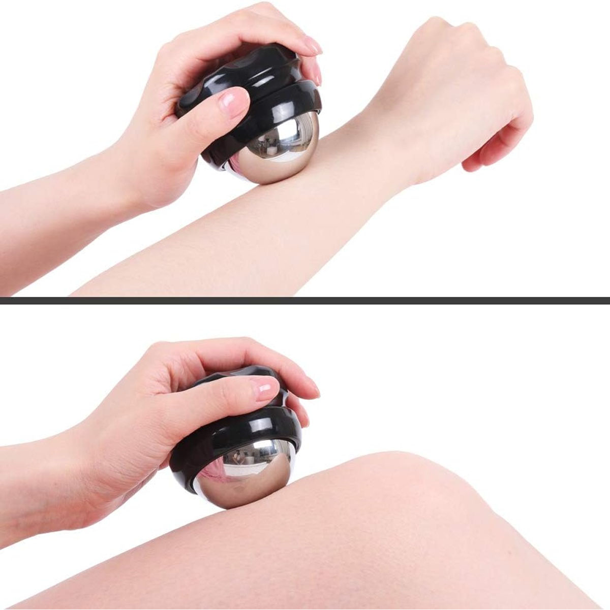Masajeador roller terapéutico con bola metálica plateada y mango negro, usado en brazo y pierna para aliviar tensión muscular.