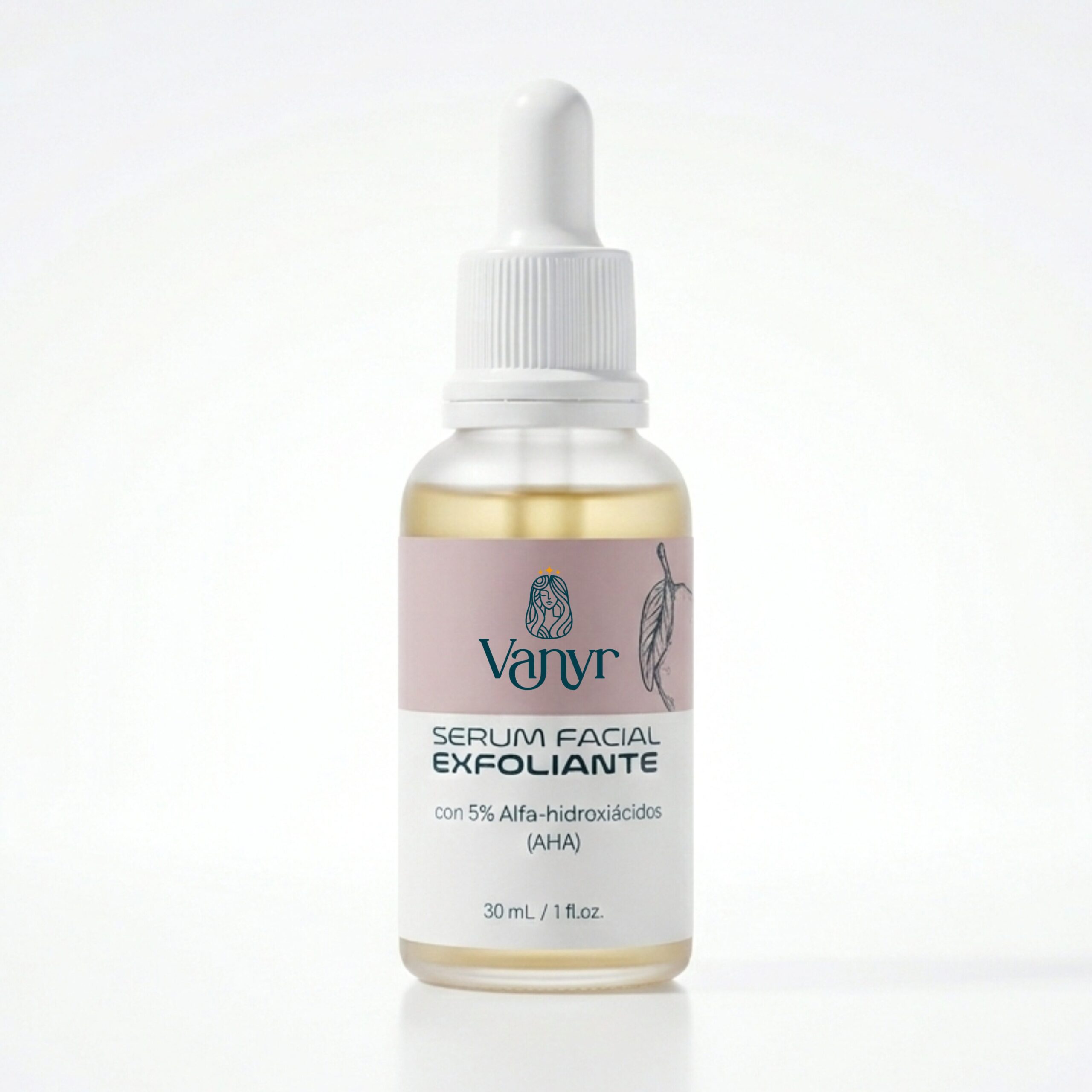 Serum facial exfoliante Vanyr con 5% AHA en frasco de vidrio transparente de 30 ml.
