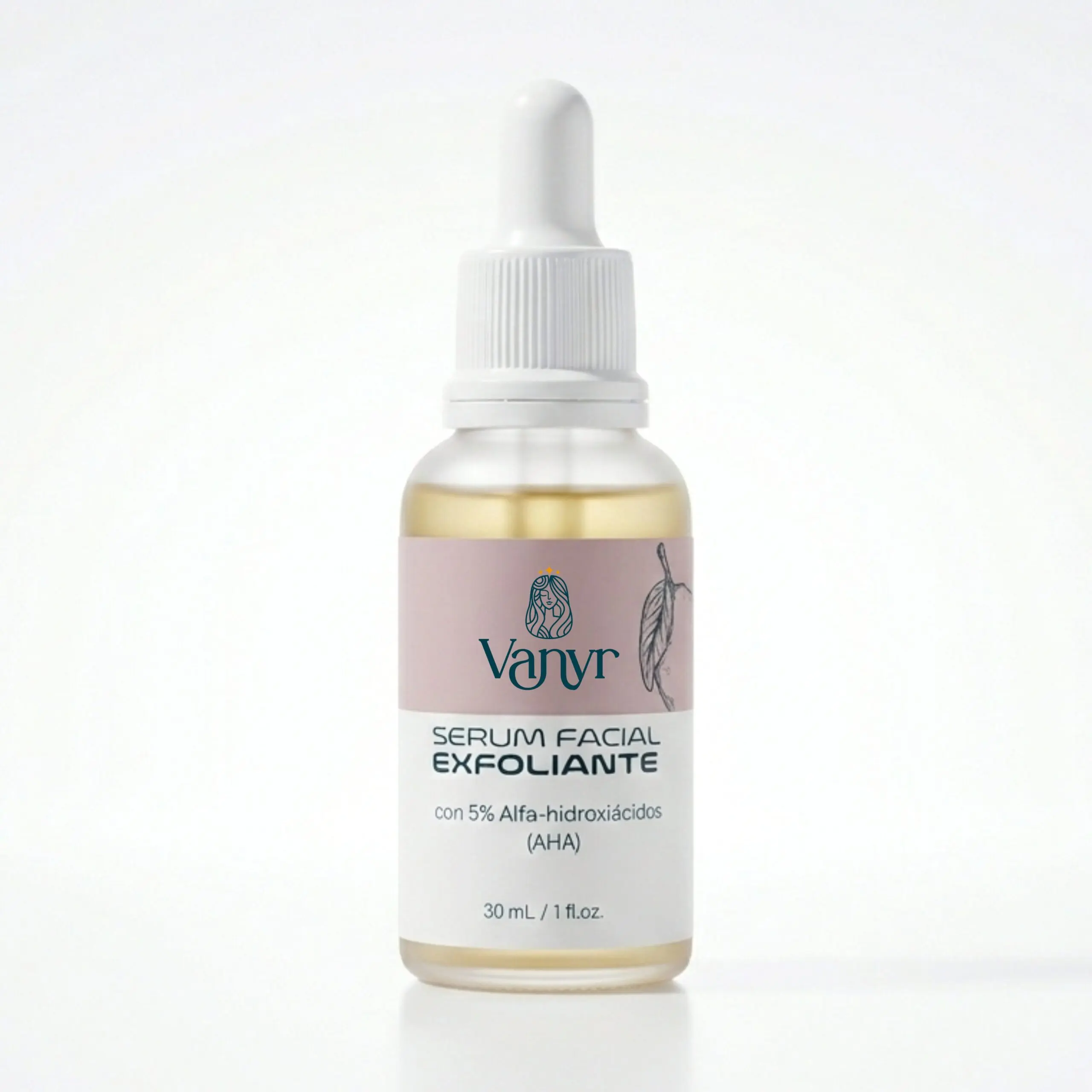 Serum facial exfoliante Vanyr con 5% AHA en frasco de vidrio transparente de 30 ml.