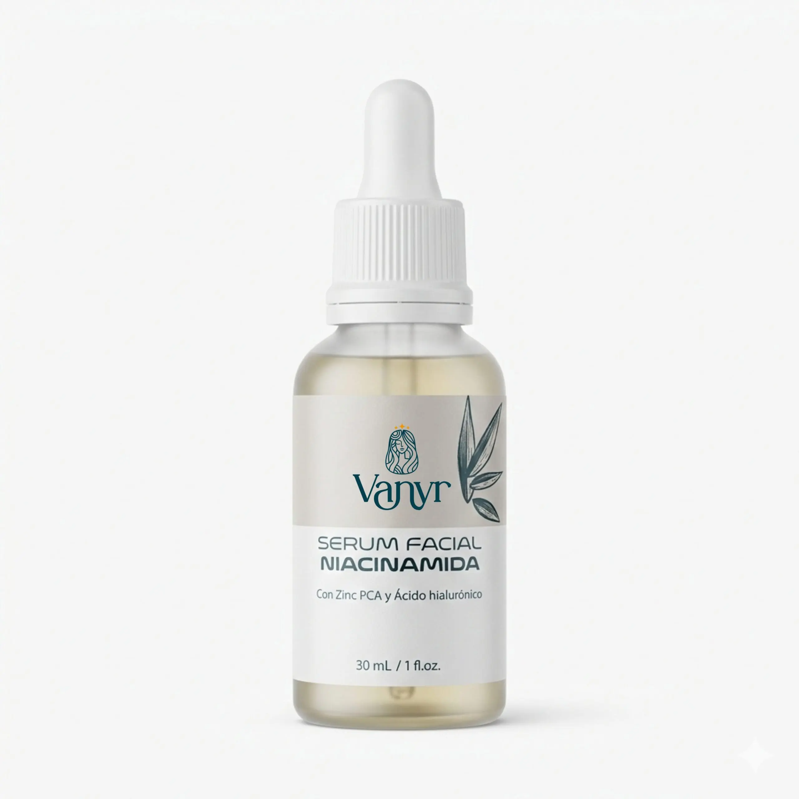 Sérum facial Vanyr Niacinamida en frasco de vidrio con gotero, 30 ml.