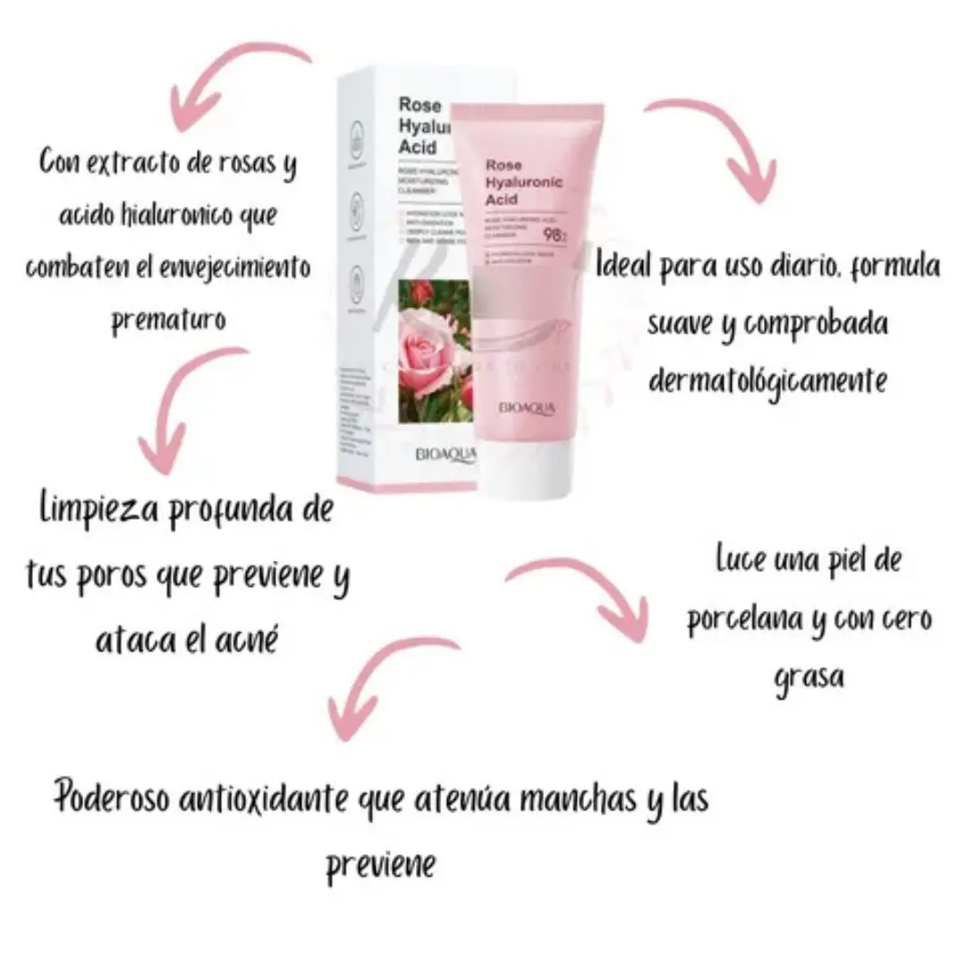 Jabón facial Rose Hyaluronic Acid Bioaqua, ideal para uso diario, limpia poros y atenúa manchas.