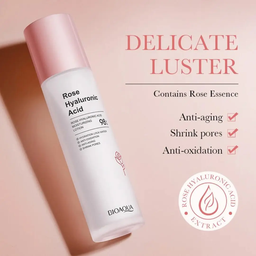 Tónico facial Bioaqua Rose Hyaluronic Acid 98%, con extracto de rosa, para hidratar, anti-edad y anti-oxidación.