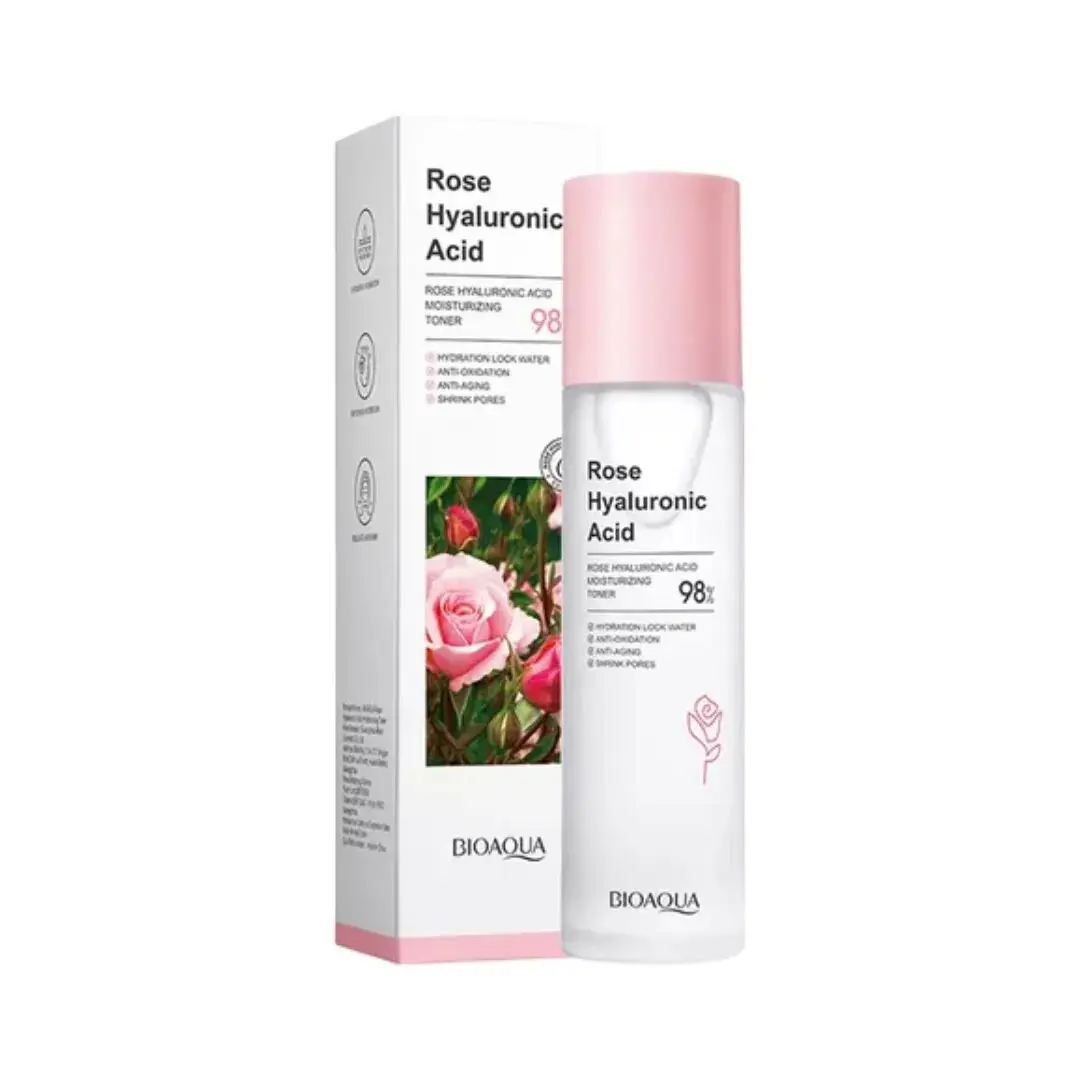 Tonico facial Bioaqua Rose Hyaluronic Acid 98% hidratante y antienvejecimiento con rosas y etiqueta BIOAQUA.