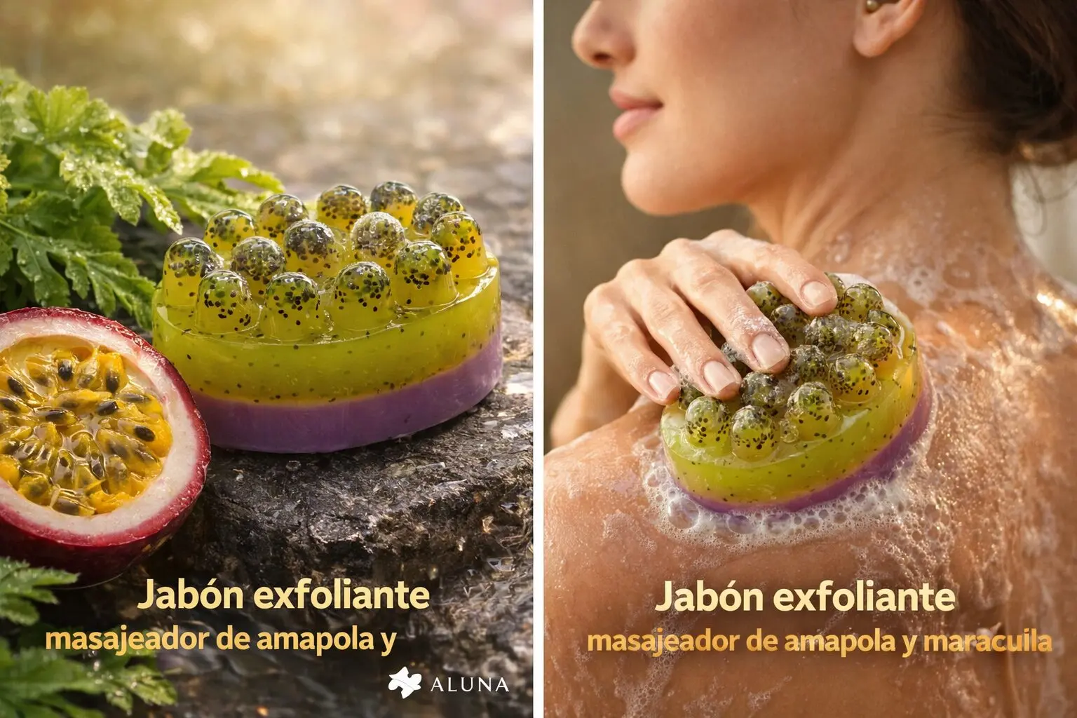 Jabón exfoliante masajeador con semillas de maracuyá en capas verde y morado, usado en ducha.