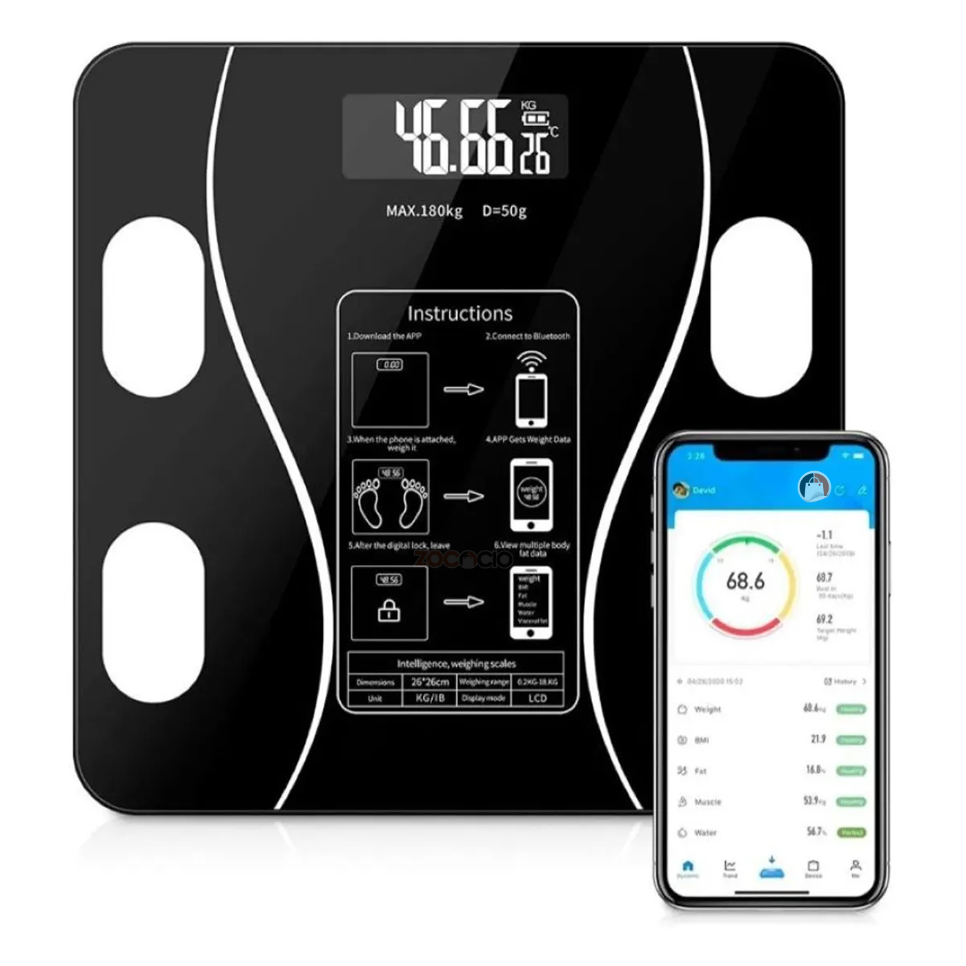Pesa inteligente de baño negra, 26x26cm, muestra 46.66kg y se conecta a app móvil para monitorear 13 métricas corporales.
