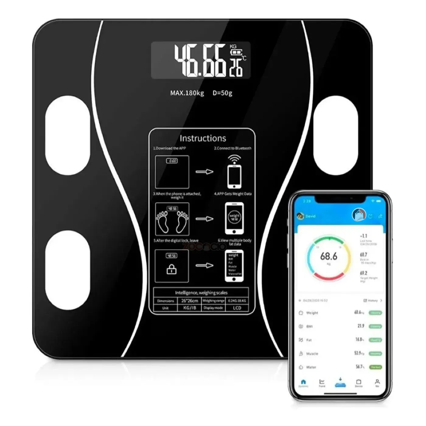 Pesa inteligente de baño negra, 26x26cm, muestra 46.66kg y se conecta a app móvil para monitorear 13 métricas corporales.