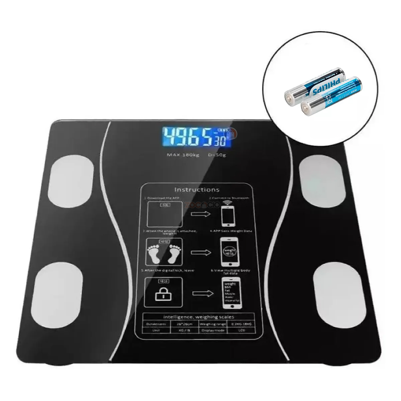 Pesa inteligente de baño negra con pantalla LED azul, mide 49.65 kg, incluye 2 baterías AAA Philips.