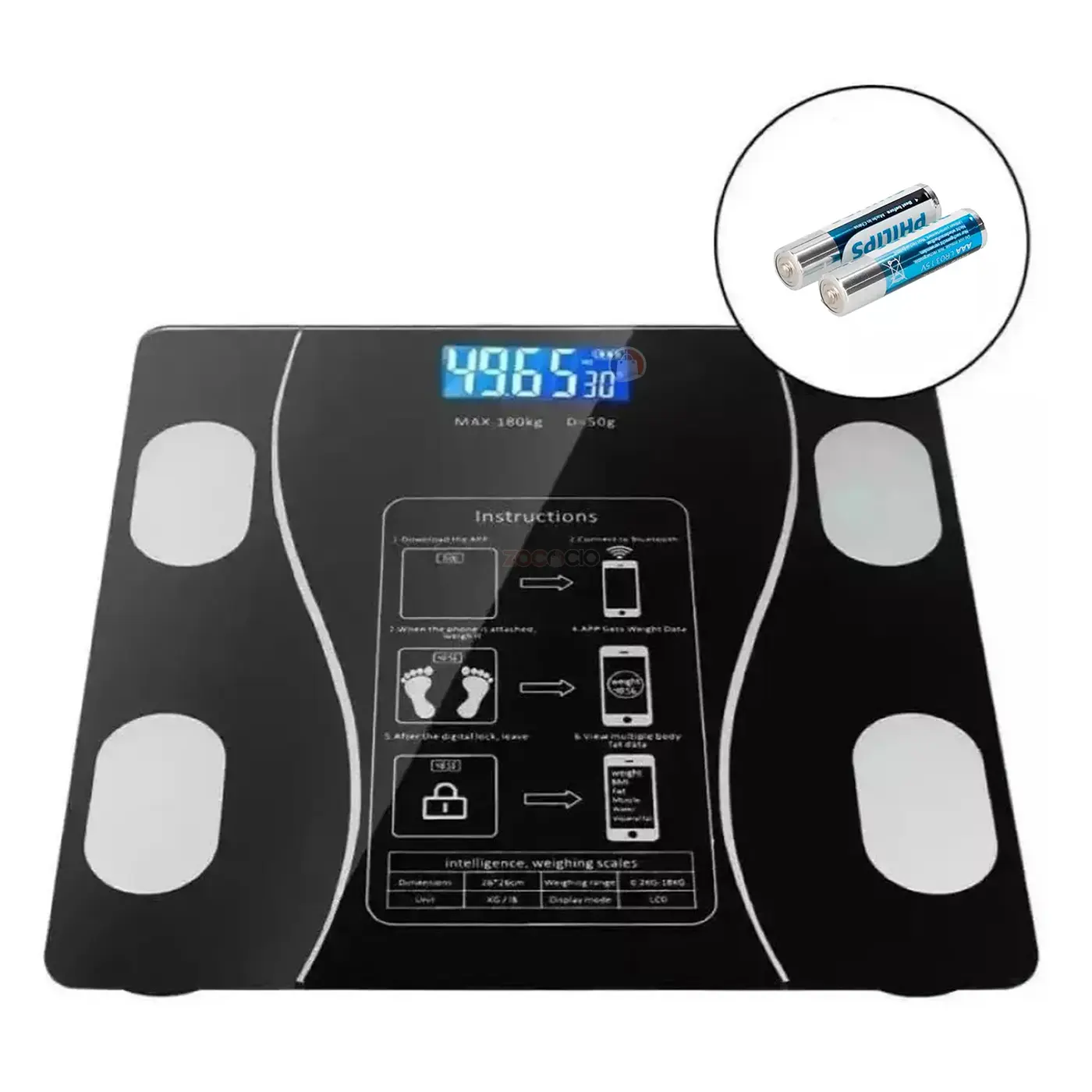 Pesa inteligente de baño negra con pantalla LED azul, mide 49.65 kg, incluye 2 baterías AAA Philips.
