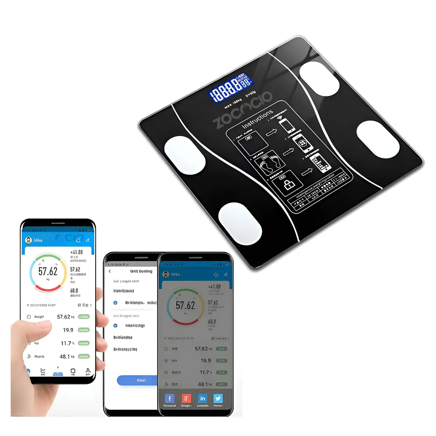 Pesa inteligente de baño negra con pantalla LED, muestra 13 métricas corporales y se conecta a app móvil.